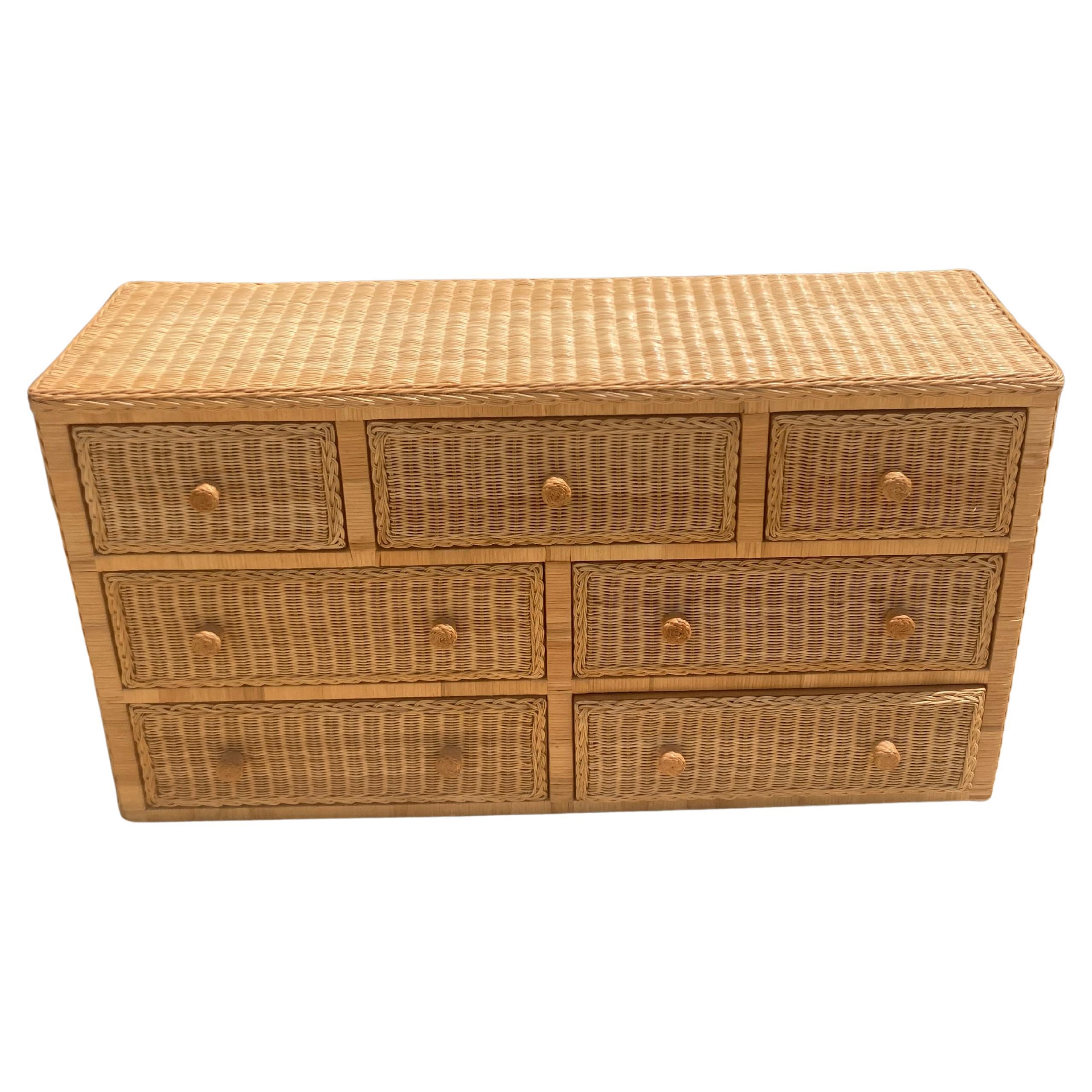 Boho Chic Natural Wicker 7 Drawer Double Dresser