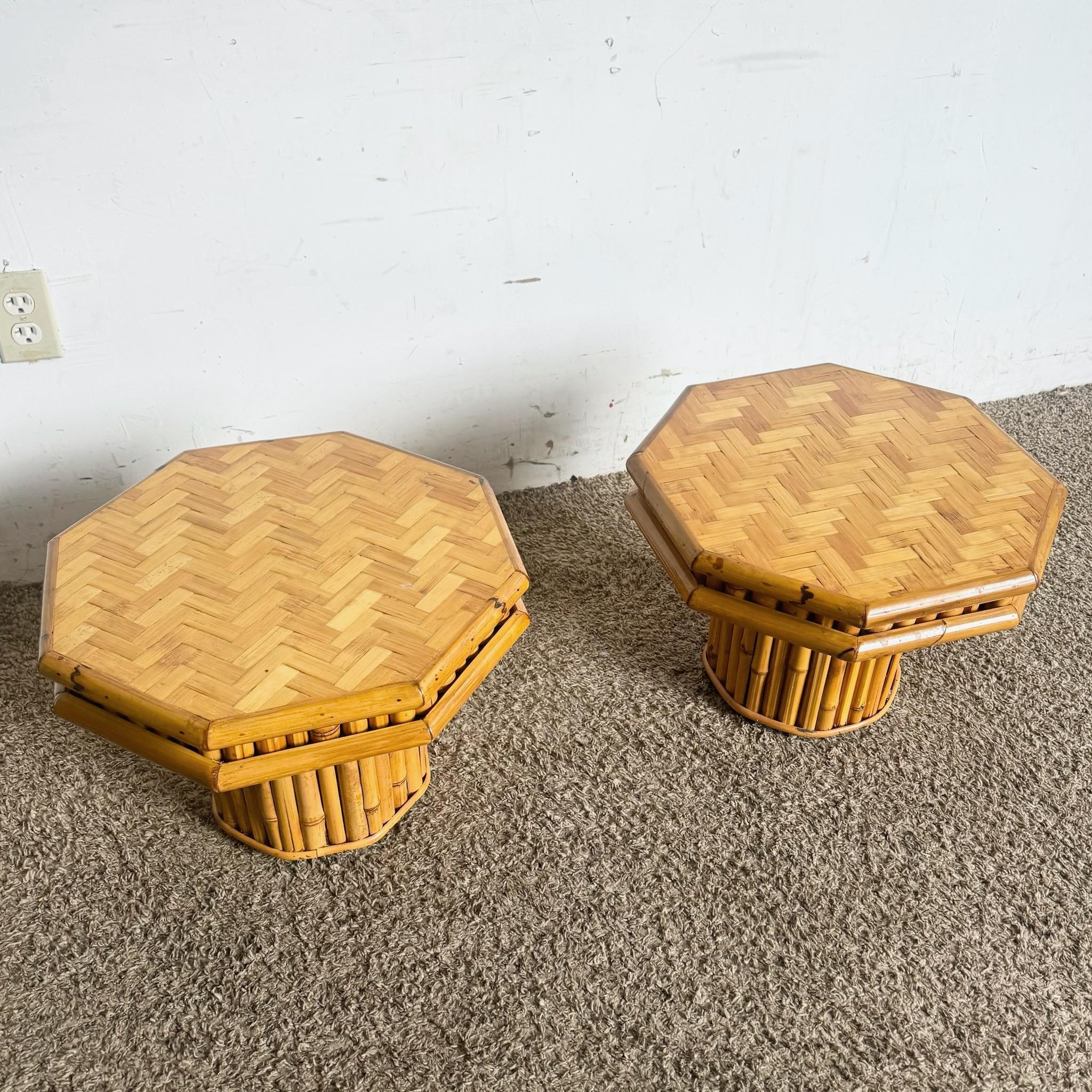 This pair of Boho Chic octagonal bamboo side tables features a stunning split bamboo herringbone top, adding natural texture and style to any room. Perfect as accent pieces, they bring a touch of bohemian elegance to both modern and eclectic