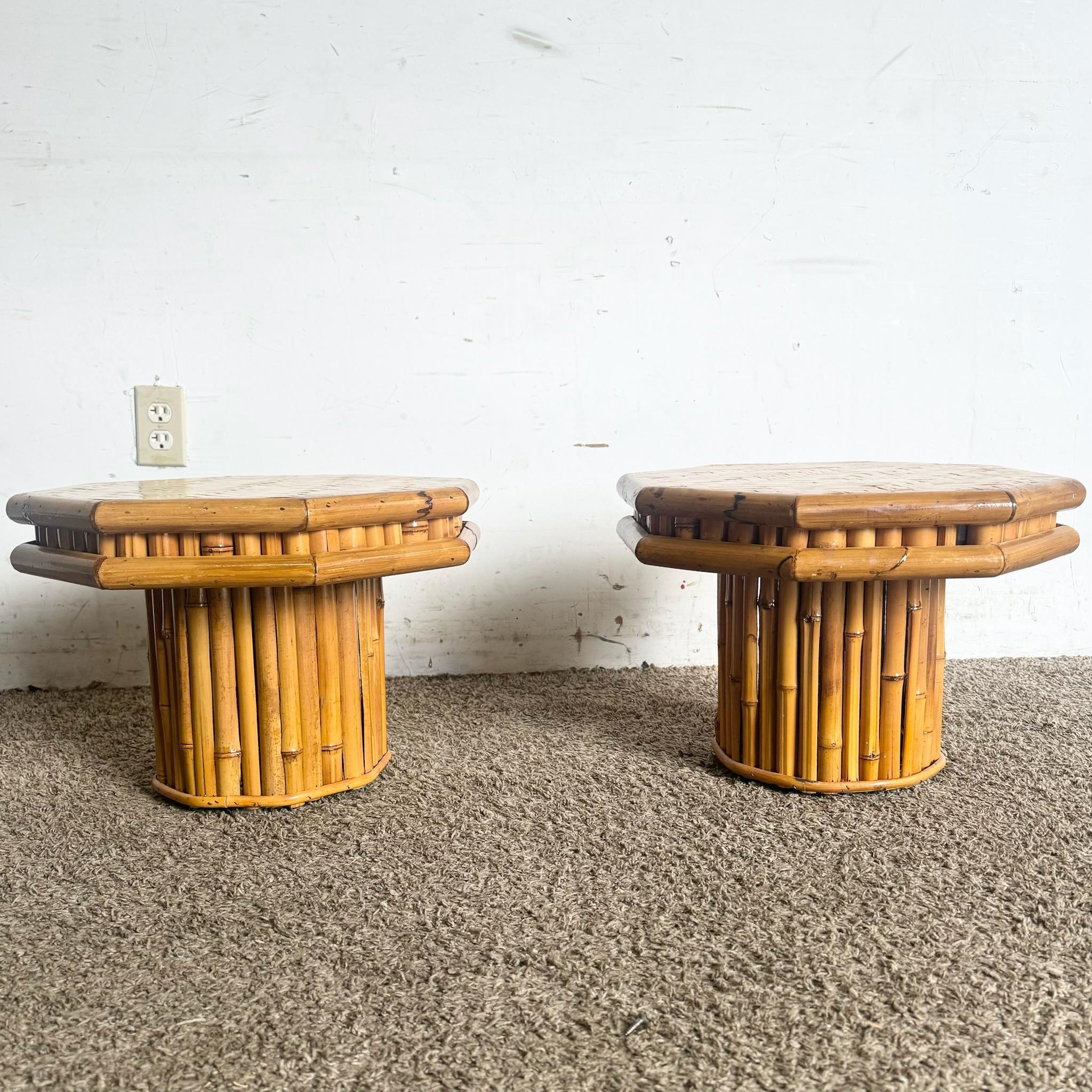 Unknown Boho Chic Octagonal Split Bamboo Herringbone Top Side Table - a Pair For Sale