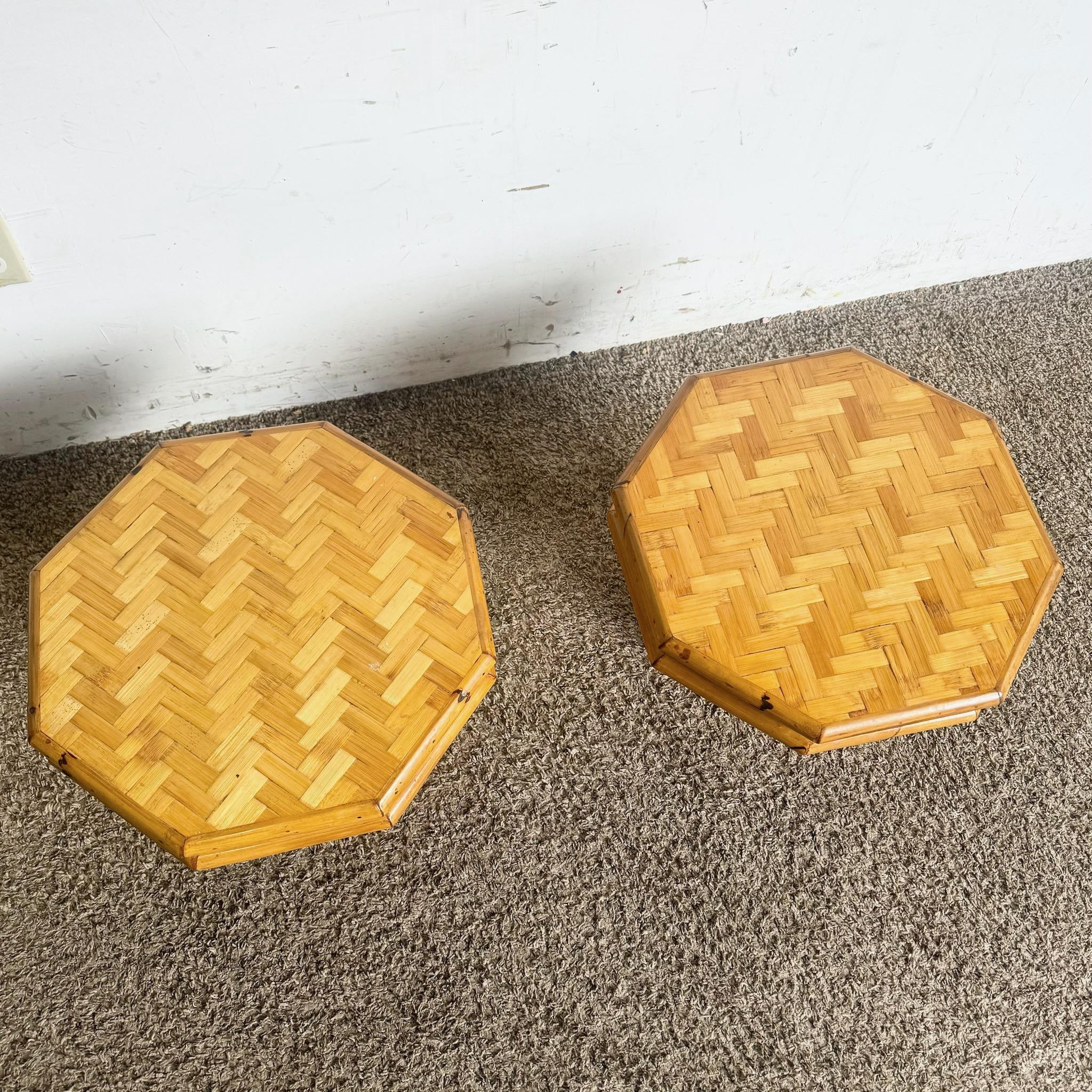 Boho Chic Octagonal Split Bamboo Herringbone Top Side Table - a Pair In Good Condition For Sale In Delray Beach, FL