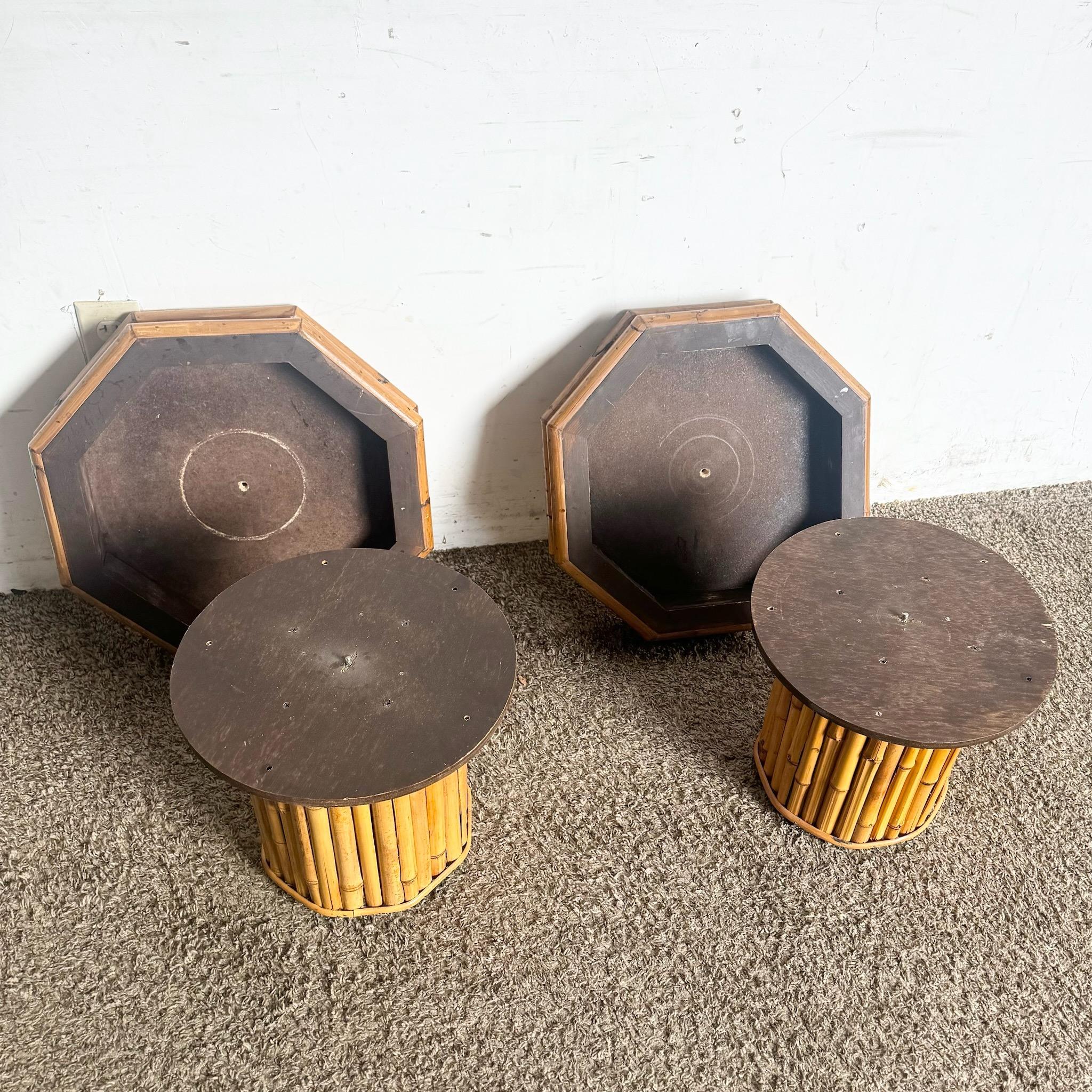 Late 20th Century Boho Chic Octagonal Split Bamboo Herringbone Top Side Table - a Pair For Sale