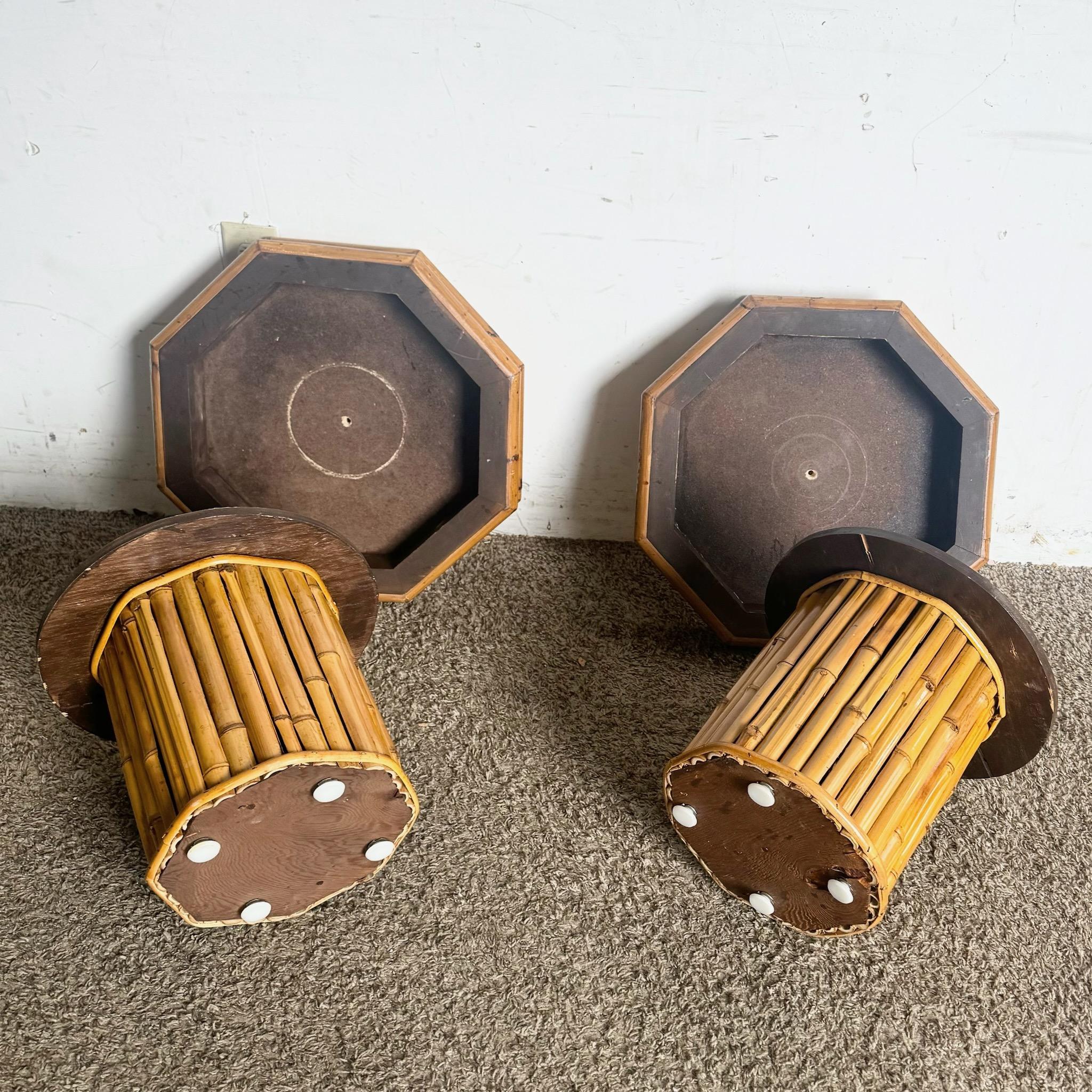 Boho Chic Octagonal Split Bamboo Herringbone Top Side Table - a Pair For Sale 1