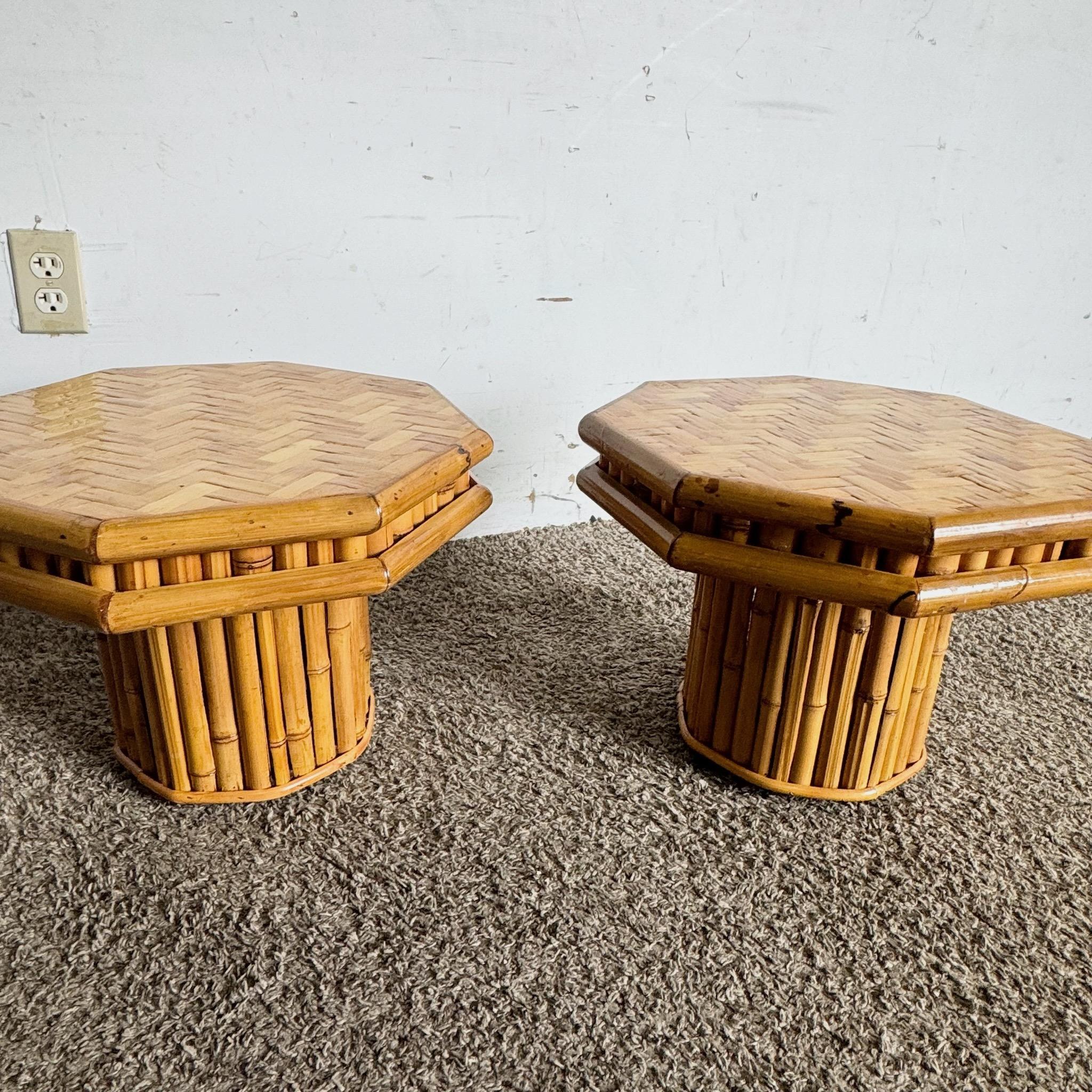 Boho Chic Octagonal Split Bamboo Herringbone Top Side Table - a Pair For Sale 2