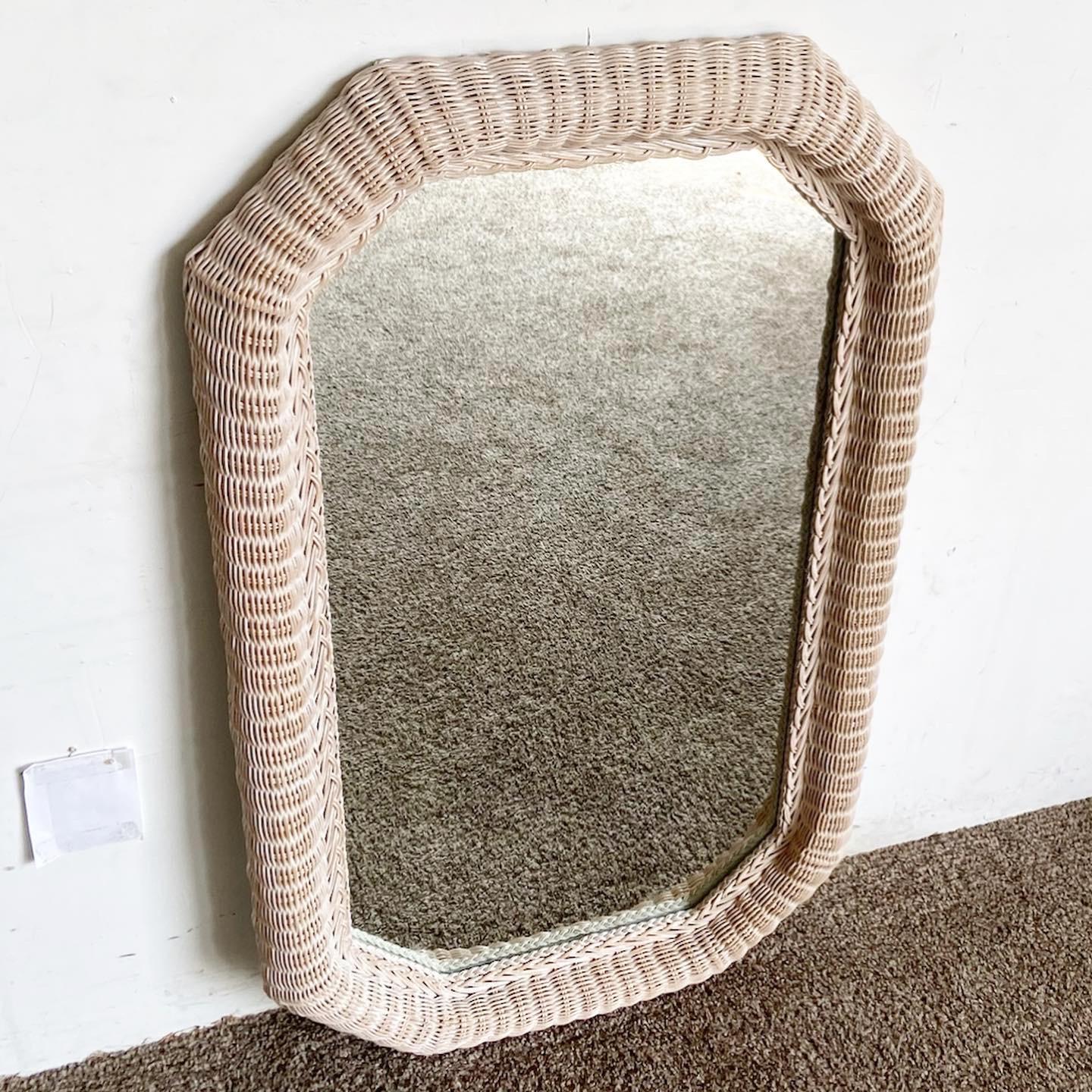 Enhance your home decor with the Boho Chic Octagonal Wicker Wall Mirror by Lexington. This statement piece is intricately crafted from wicker and offers a textured, boho chic aesthetic.
Vintage pieces may have age-related wear. Review photos