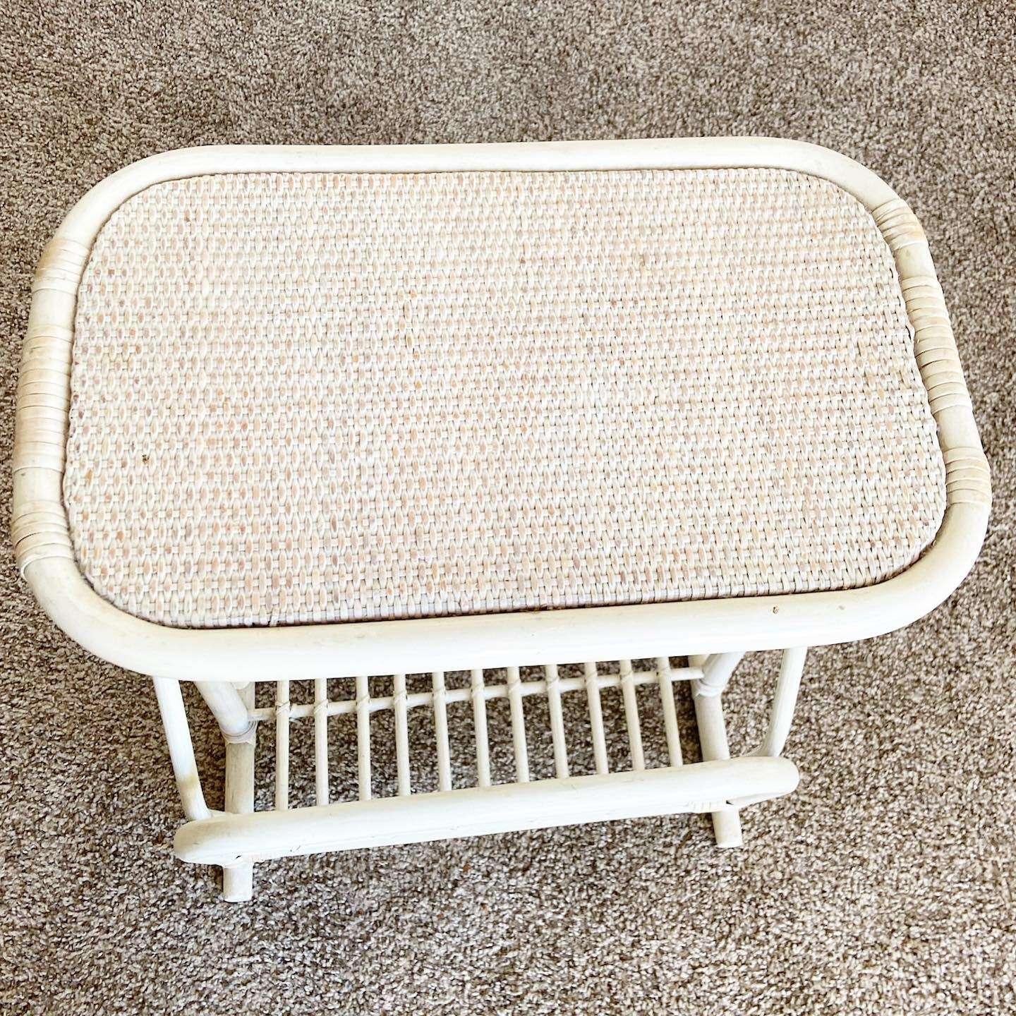 Boho Chic Off White Bamboo Magazine Rack Side Table For Sale 5