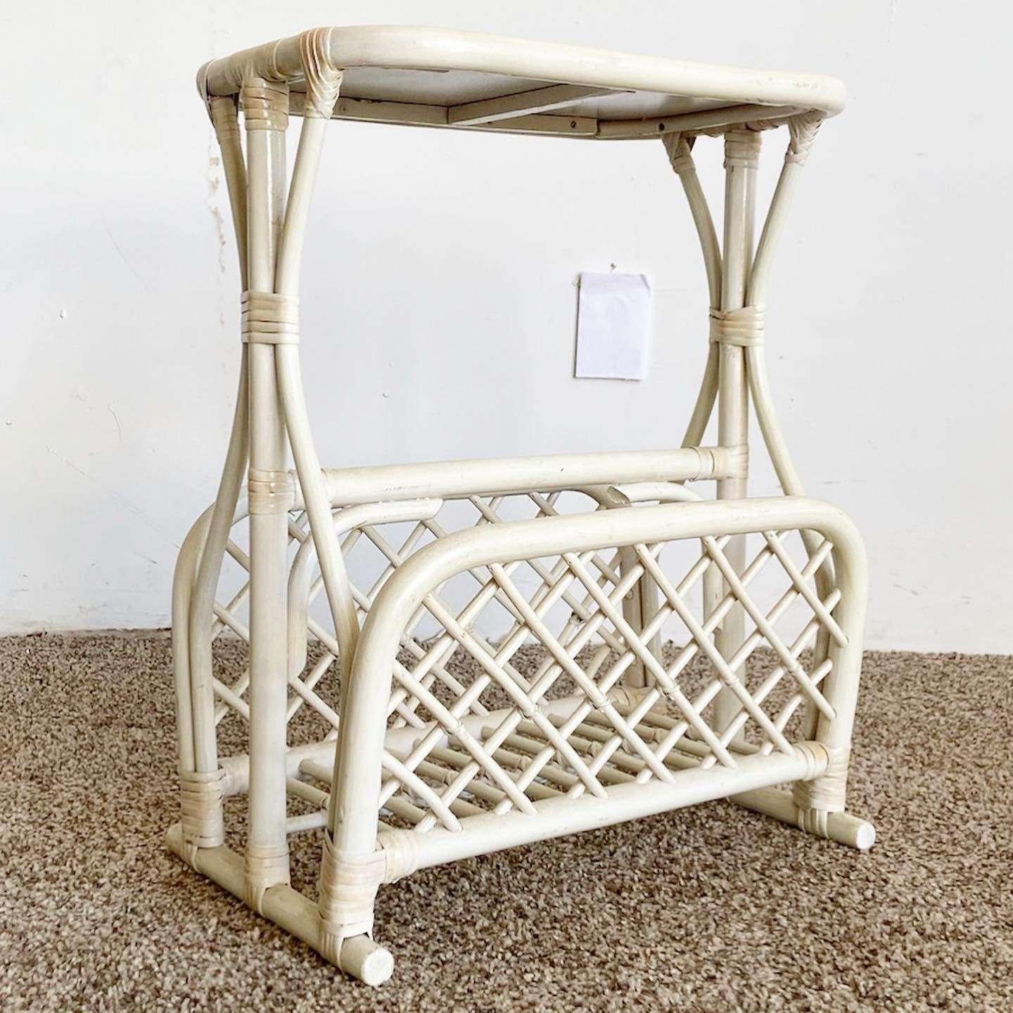 Amazing vintage bohemian bamboo rattan and wicker side table/magazine rack. Features an off white finish with a wicker top.