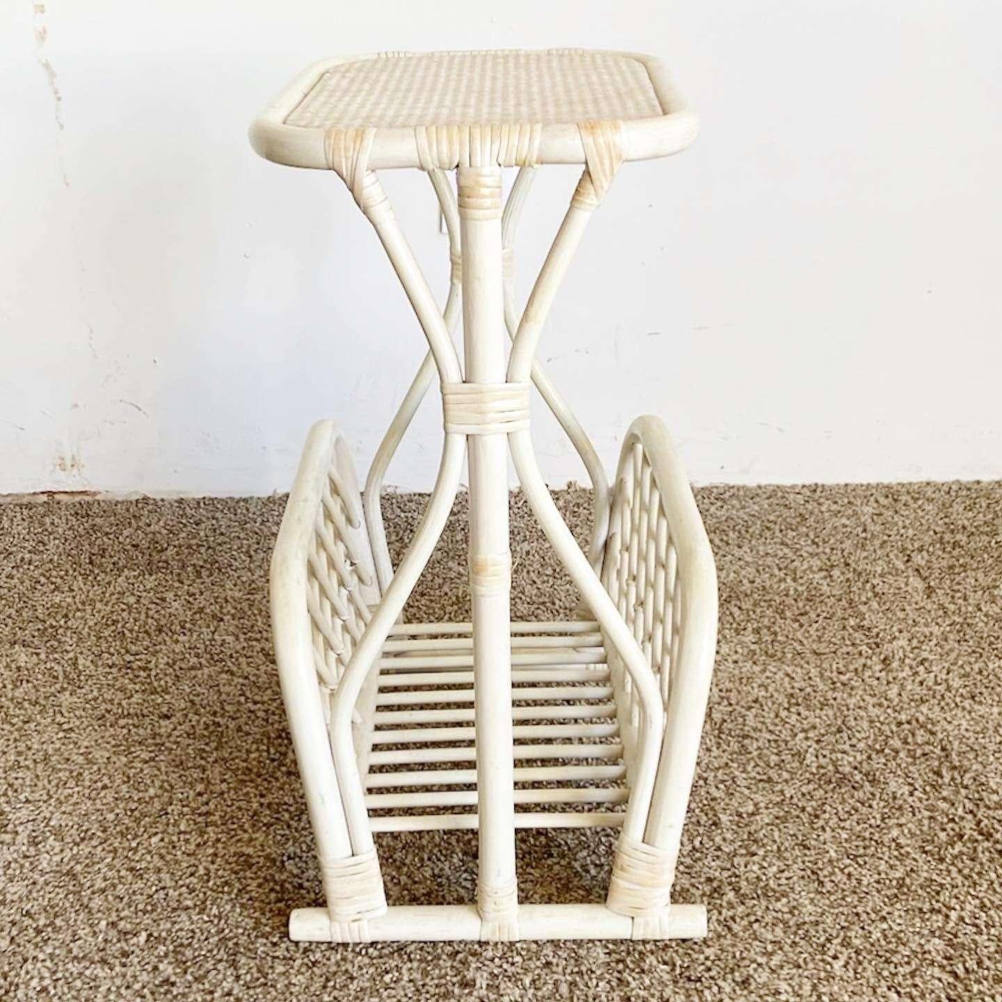Indonesian Boho Chic Off White Bamboo Magazine Rack Side Table For Sale
