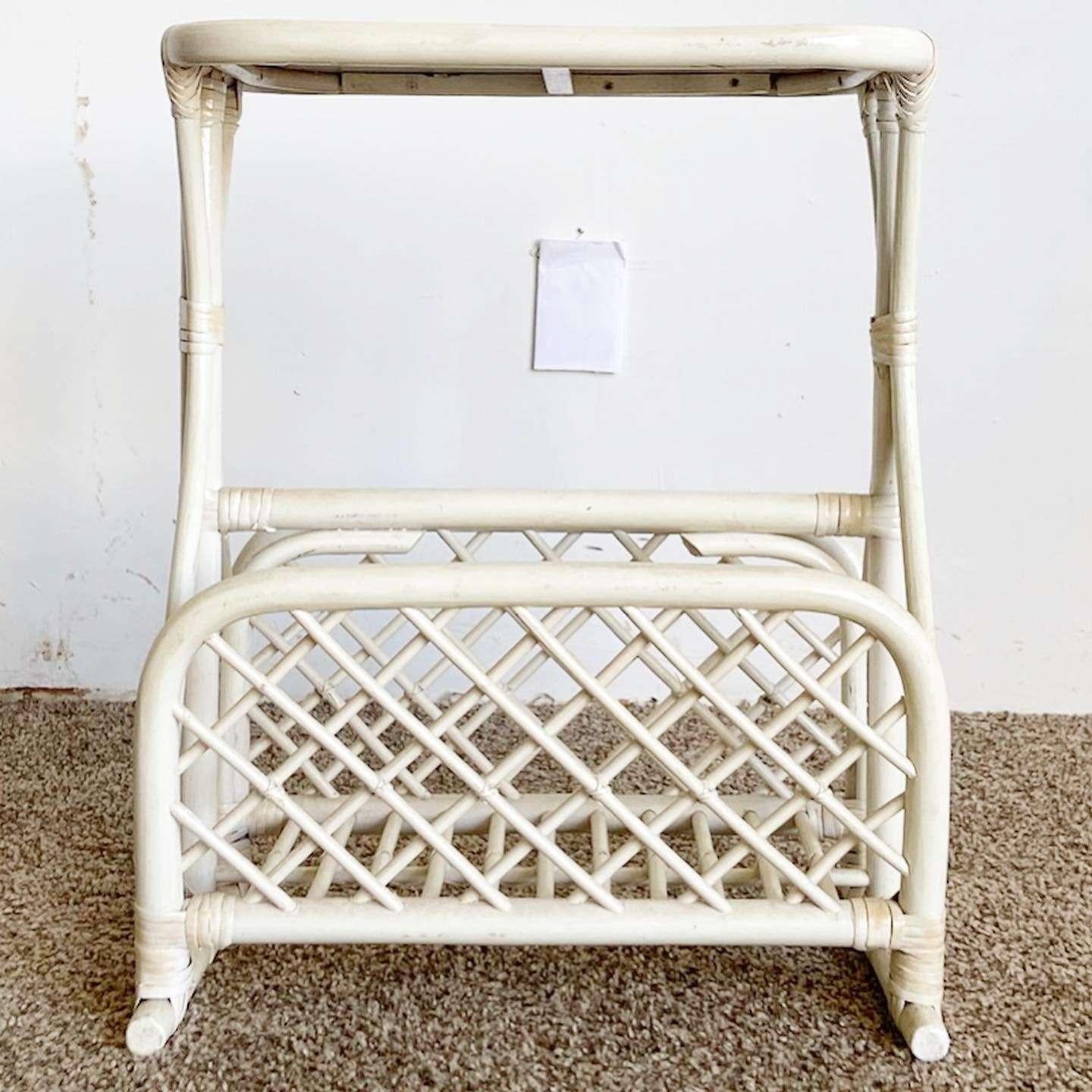 Late 20th Century Boho Chic Off White Bamboo Magazine Rack Side Table For Sale