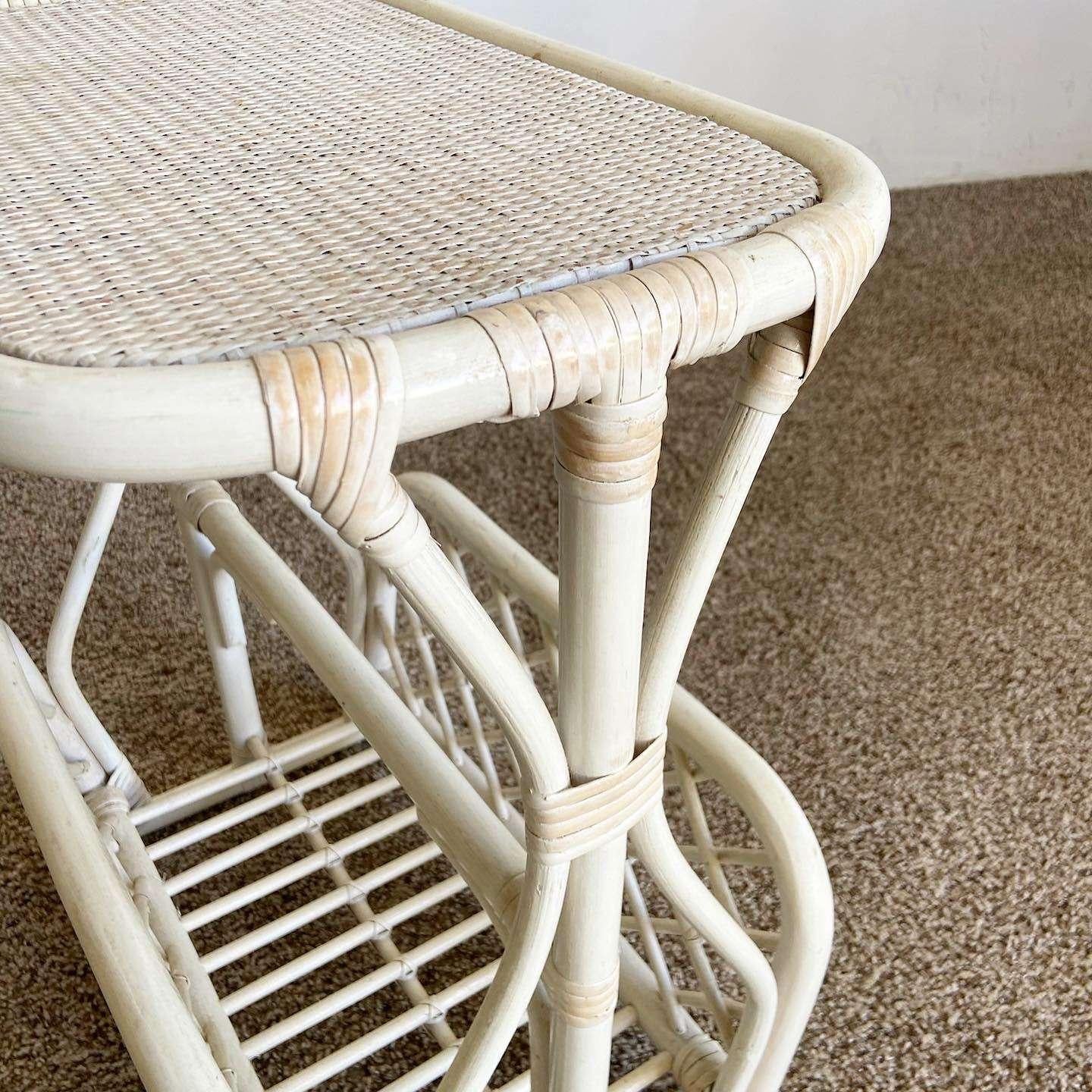Boho Chic Off White Bamboo Magazine Rack Side Table For Sale 1