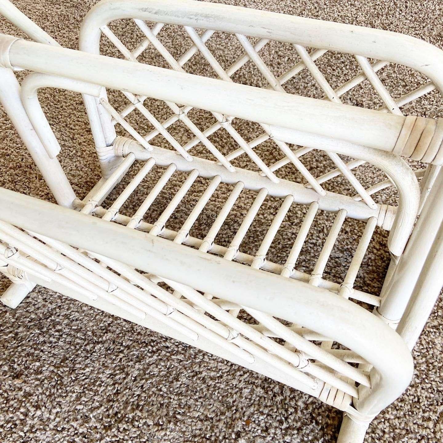 Boho Chic Off White Bamboo Magazine Rack Side Table For Sale 3