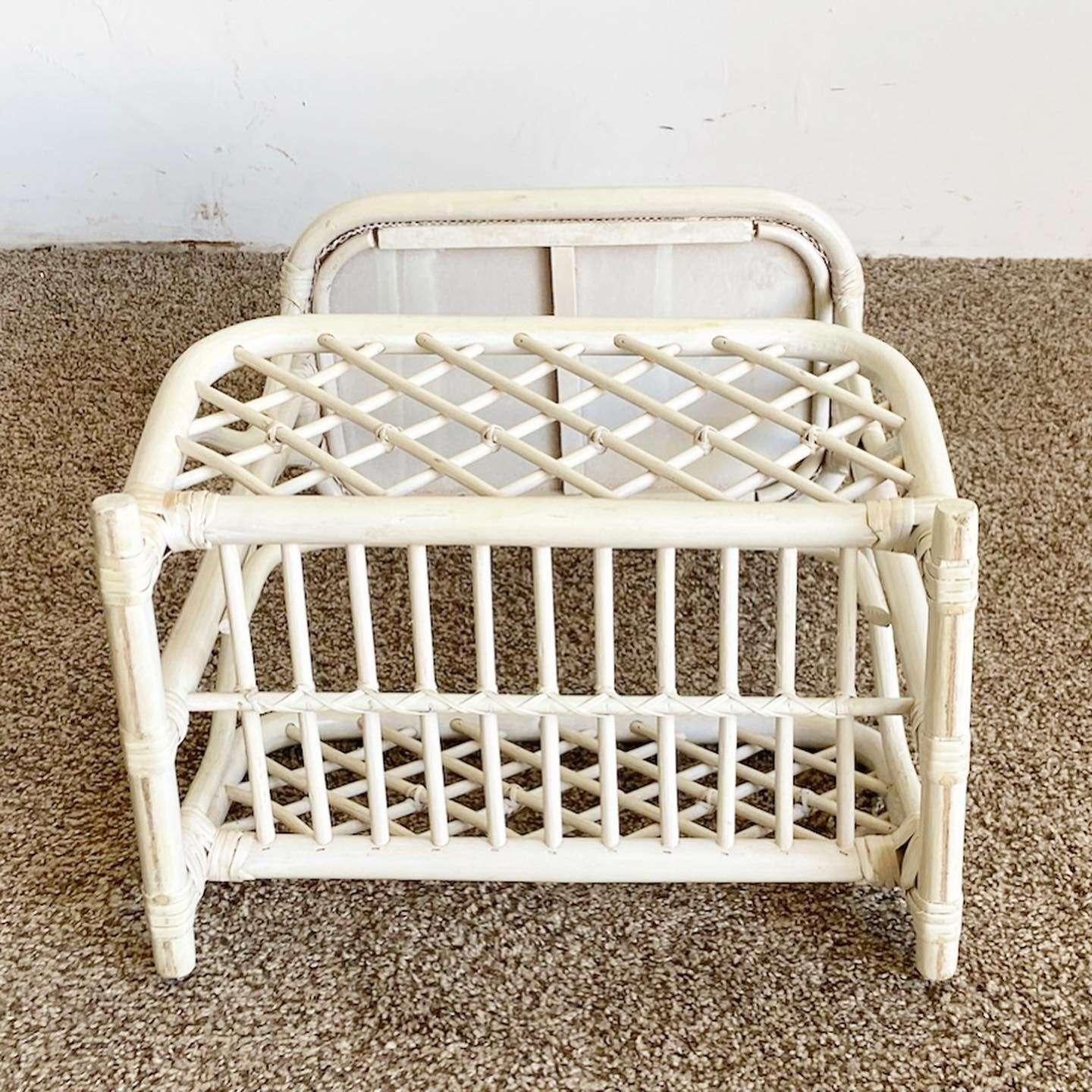 Boho Chic Off White Bamboo Magazine Rack Side Table For Sale 4
