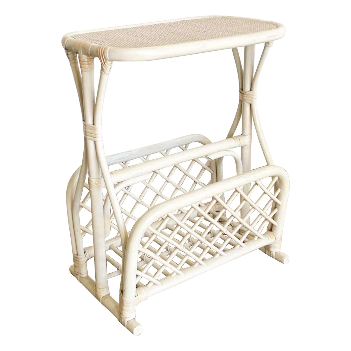 Boho Chic Off White Bamboo Magazine Rack Side Table