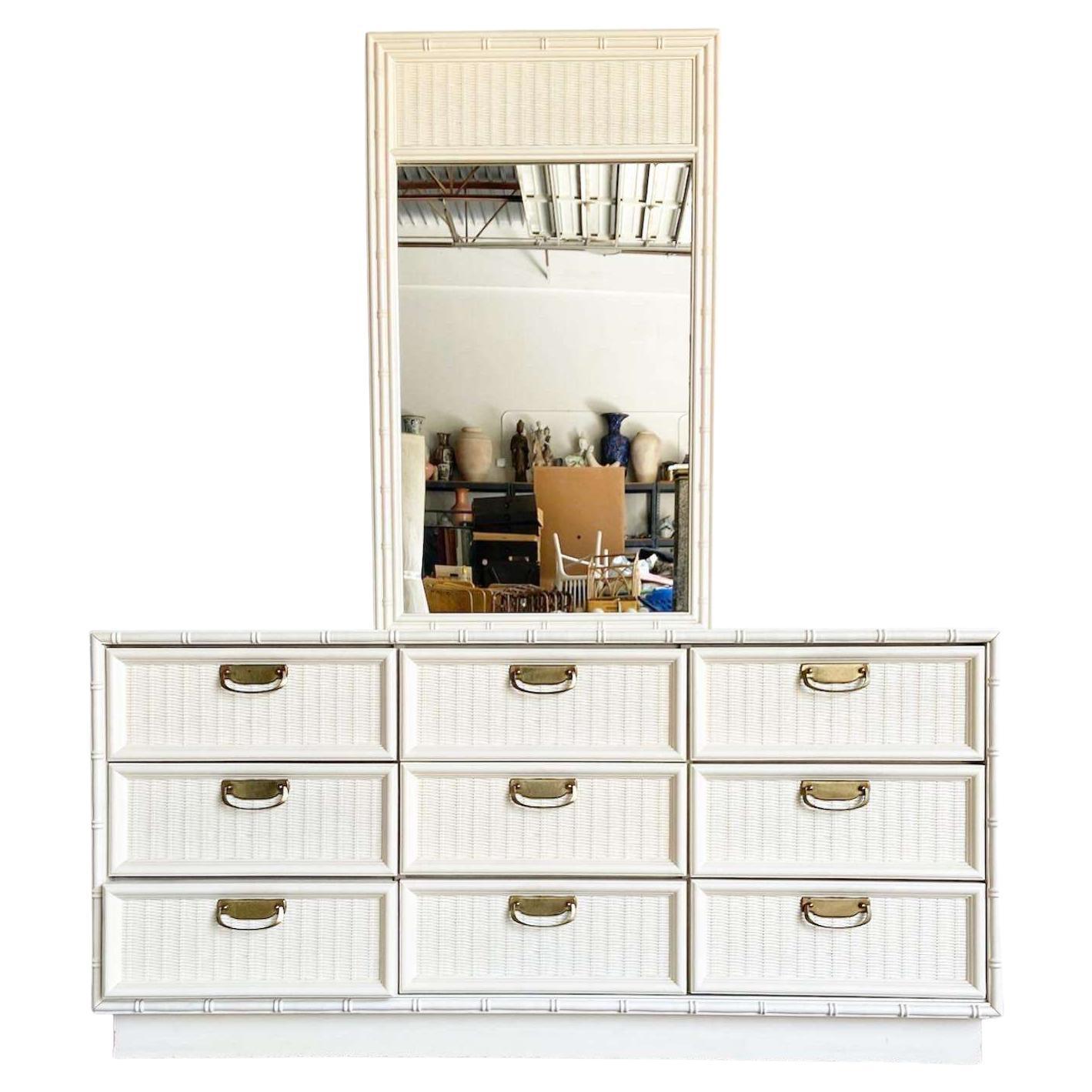 Boho Chic Off White Faux Bamboo Dresser With Mirror For Sale