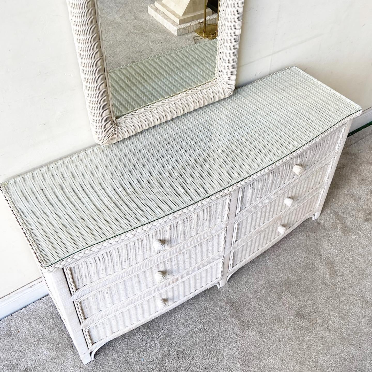 Boho Chic off White Wicker Glass Top Dresser with Mirror For Sale 2