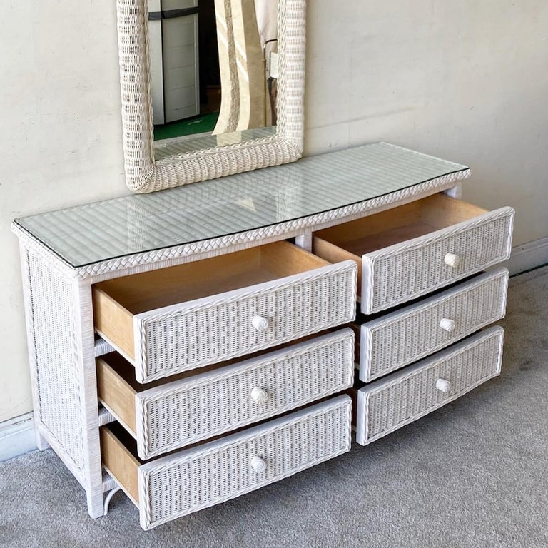 Boho Chic off White Wicker Glass Top Dresser with Mirror For Sale at 1stDibs