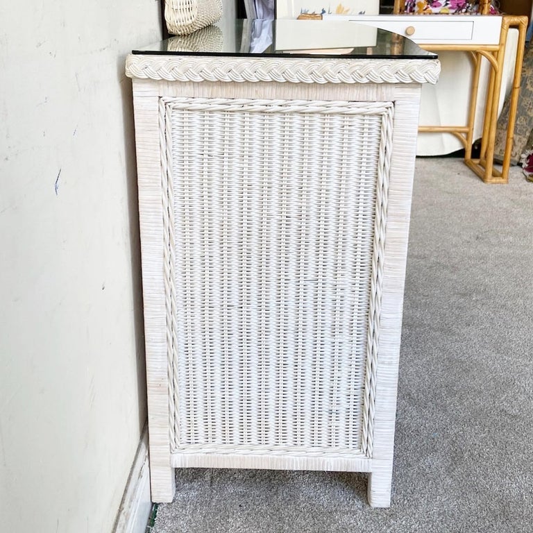 Boho Chic off White Wicker Glass Top Dresser with Mirror For Sale at 1stDibs