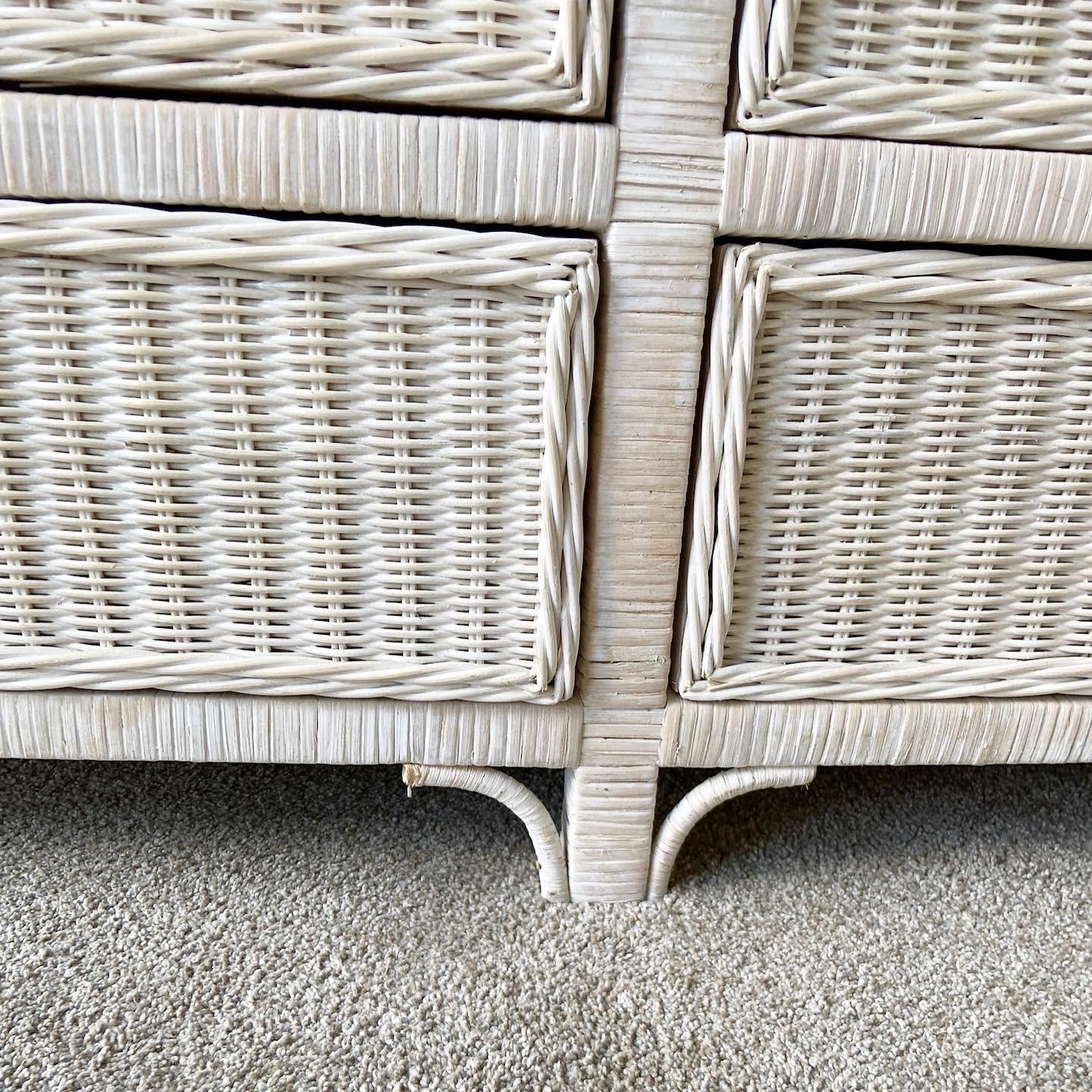 Osier Commode Boho Chic Off-White en osier avec dessus en verre et miroir