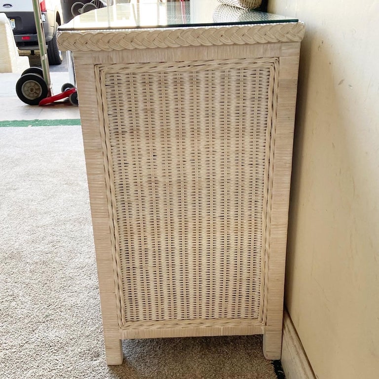 Boho Chic off White Wicker Glass Top Dresser with Mirror For Sale at 1stDibs