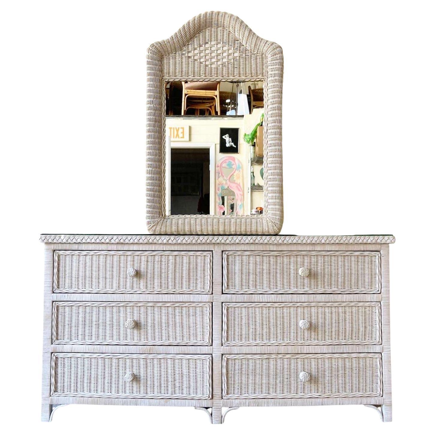 Boho Chic Off White Wicker Glass Top Dresser With Mirror For Sale at 1stDibs