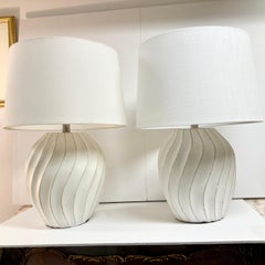 Boho Chic Organic Shaped Hand Carved Wood and Painted Table Lamps, a Pair