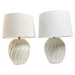 Boho Chic Organic Shaped Hand Carved Wood and Painted Table Lamps, a Pair