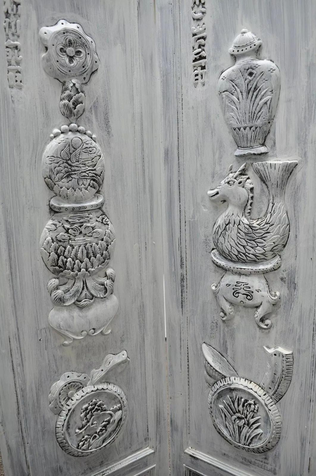 Boho Chic Oriental 4 Panel Screen White Distress Painted Wooden Room Divider. Item features four sections, unique figures, carved backside, later added white distress painted finish. Circa Late 20th Century. Measurements: 71.5