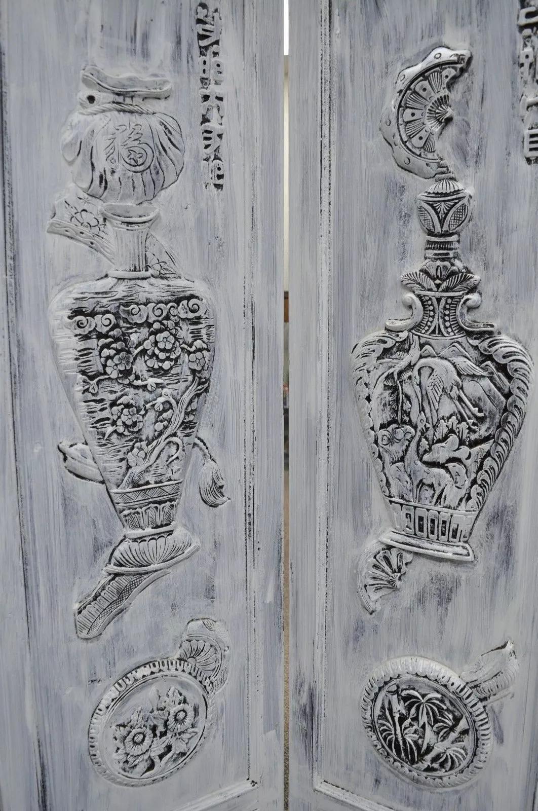 Chinoiserie Boho Chic Oriental 4 Panel Screen White Distress Painted Wooden Room Divider For Sale