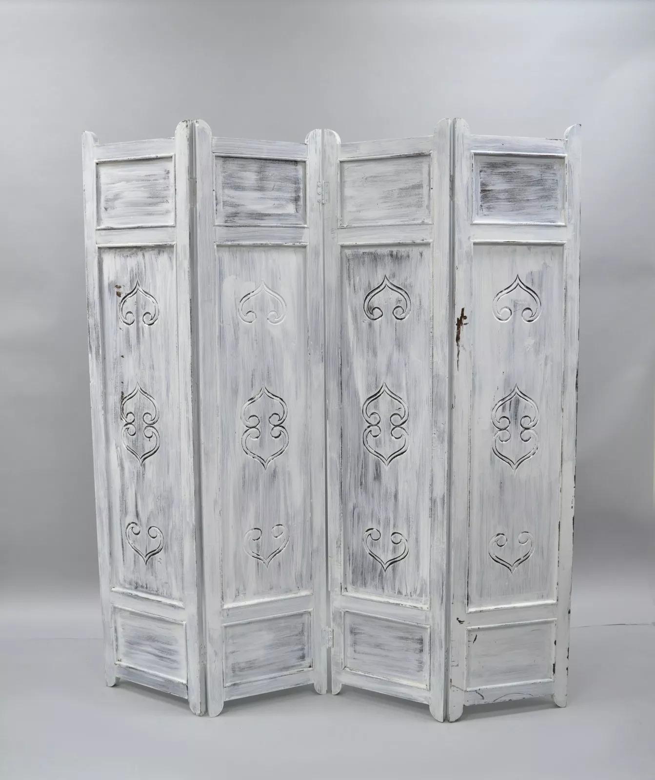 20th Century Boho Chic Oriental 4 Panel Screen White Distress Painted Wooden Room Divider For Sale