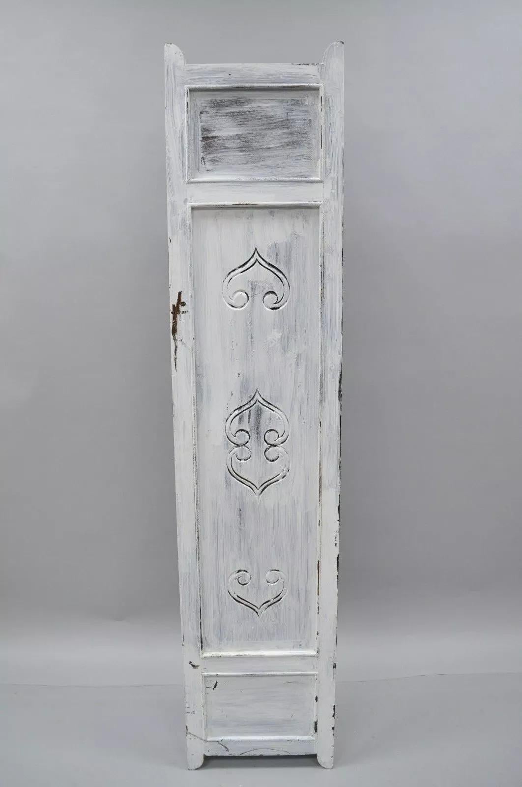 Boho Chic Oriental 4 Panel Screen White Distress Painted Wooden Room Divider For Sale 1