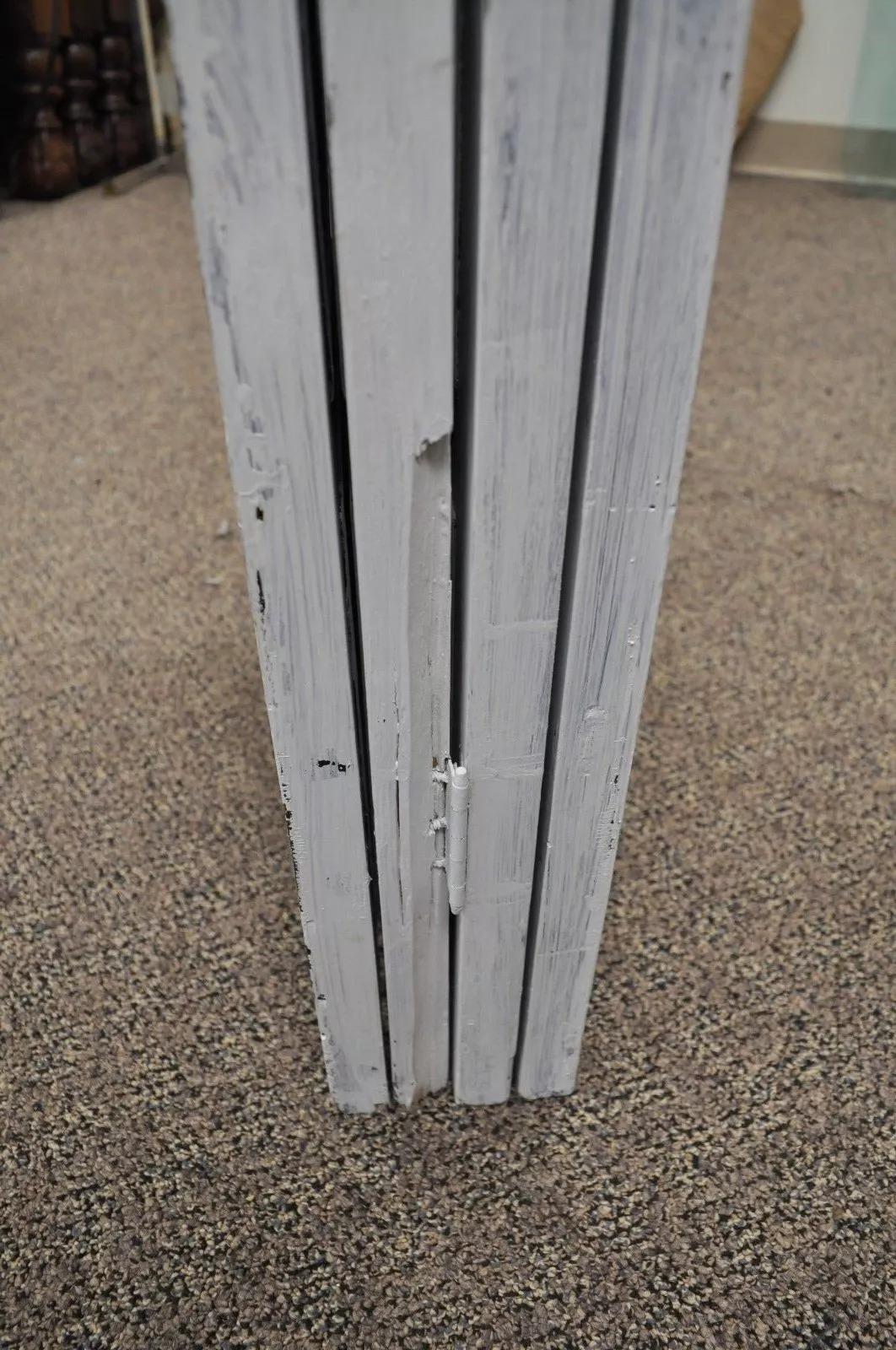 Boho Chic Oriental 4 Panel Screen White Distress Painted Wooden Room Divider For Sale 3