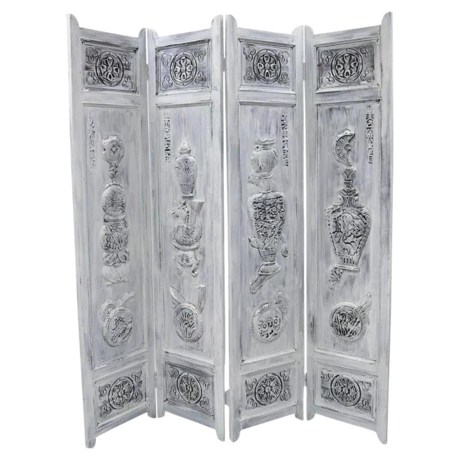 Boho Chic Oriental 4 Panel Screen White Distress Painted Wooden Room Divider