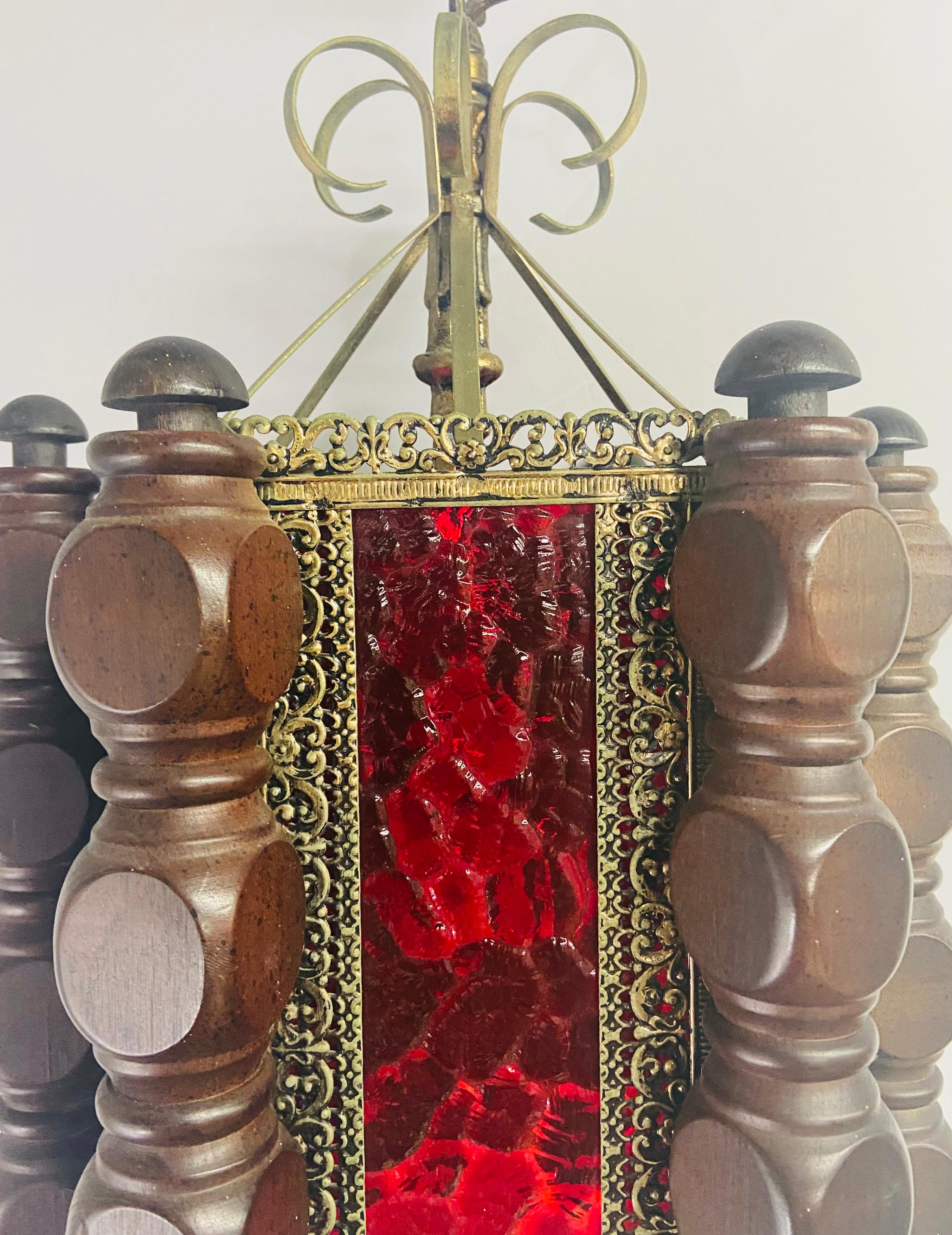 Boho Chic Oriental Hanging Red Glass Lantern or Pendant In Good Condition For Sale In Plainview, NY