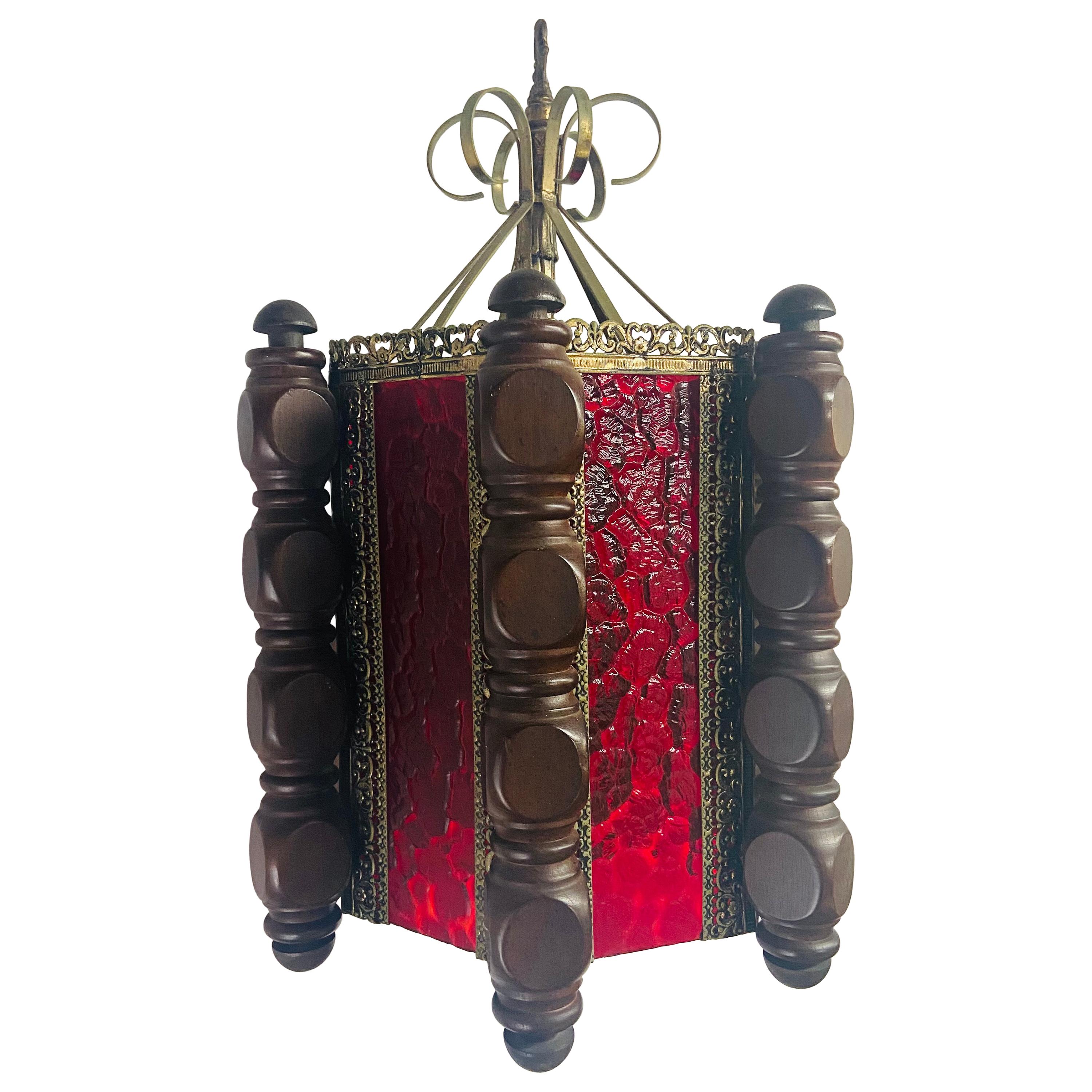 Boho Chic Oriental Hanging Red Glass Lantern or Pendant For Sale