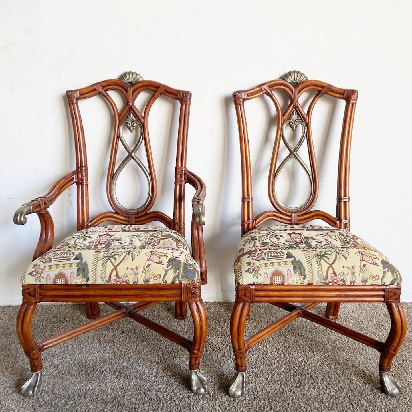 Delight in the charm of these Boho Chic Ornate Bamboo Rattan Ball in Claw Dining Chairs. This set of four boasts a unique bamboo and rattan design with metal accents, combining comfort and bohemian style.

Set of 4 Boho Chic dining chairs
Unique