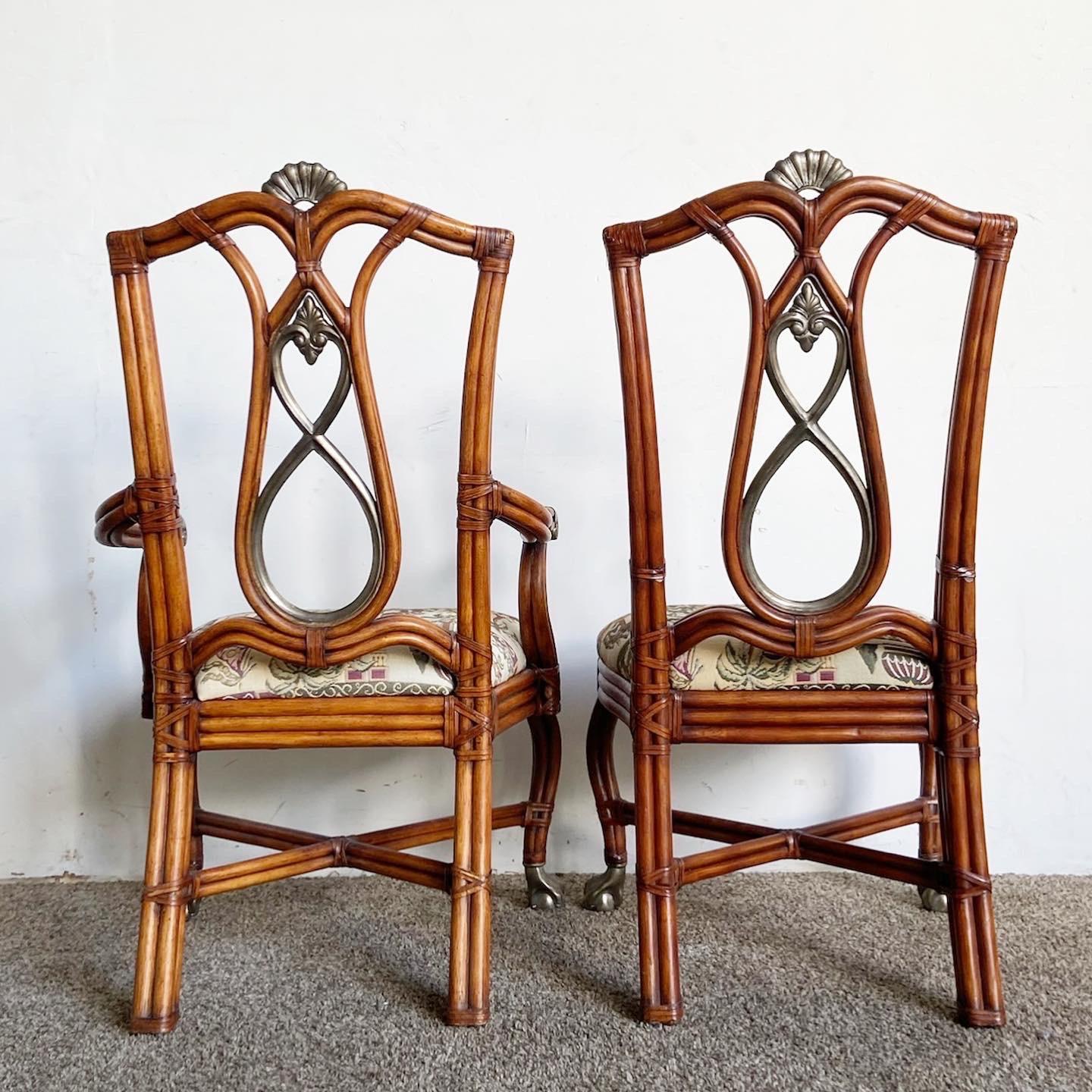 Late 20th Century Boho Chic Ornate Bamboo Rattan Ball in Claw Dining Chairs - Set of 4 For Sale