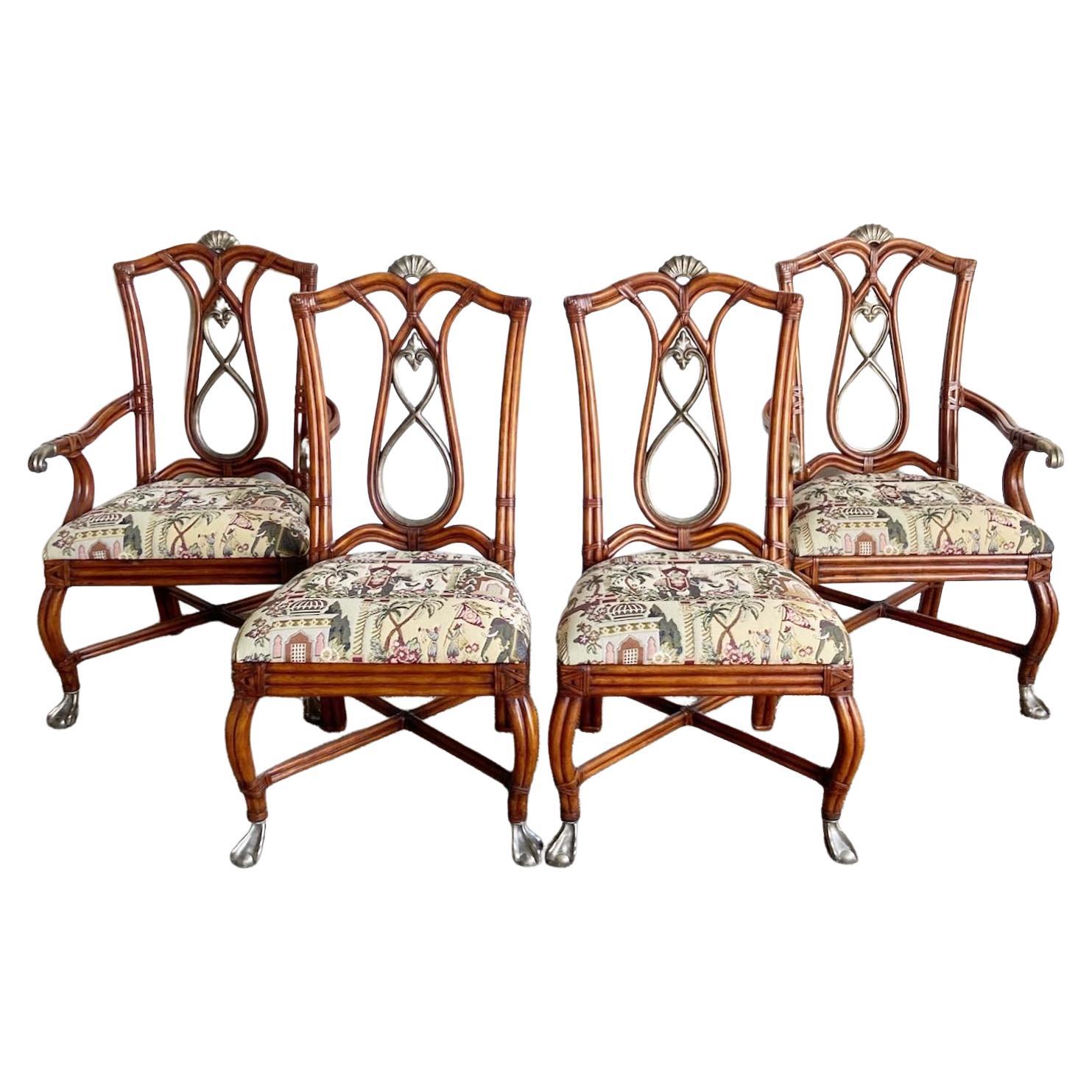 Boho Chic Ornate Bamboo Rattan Ball in Claw Dining Chairs - Set of 4 For Sale