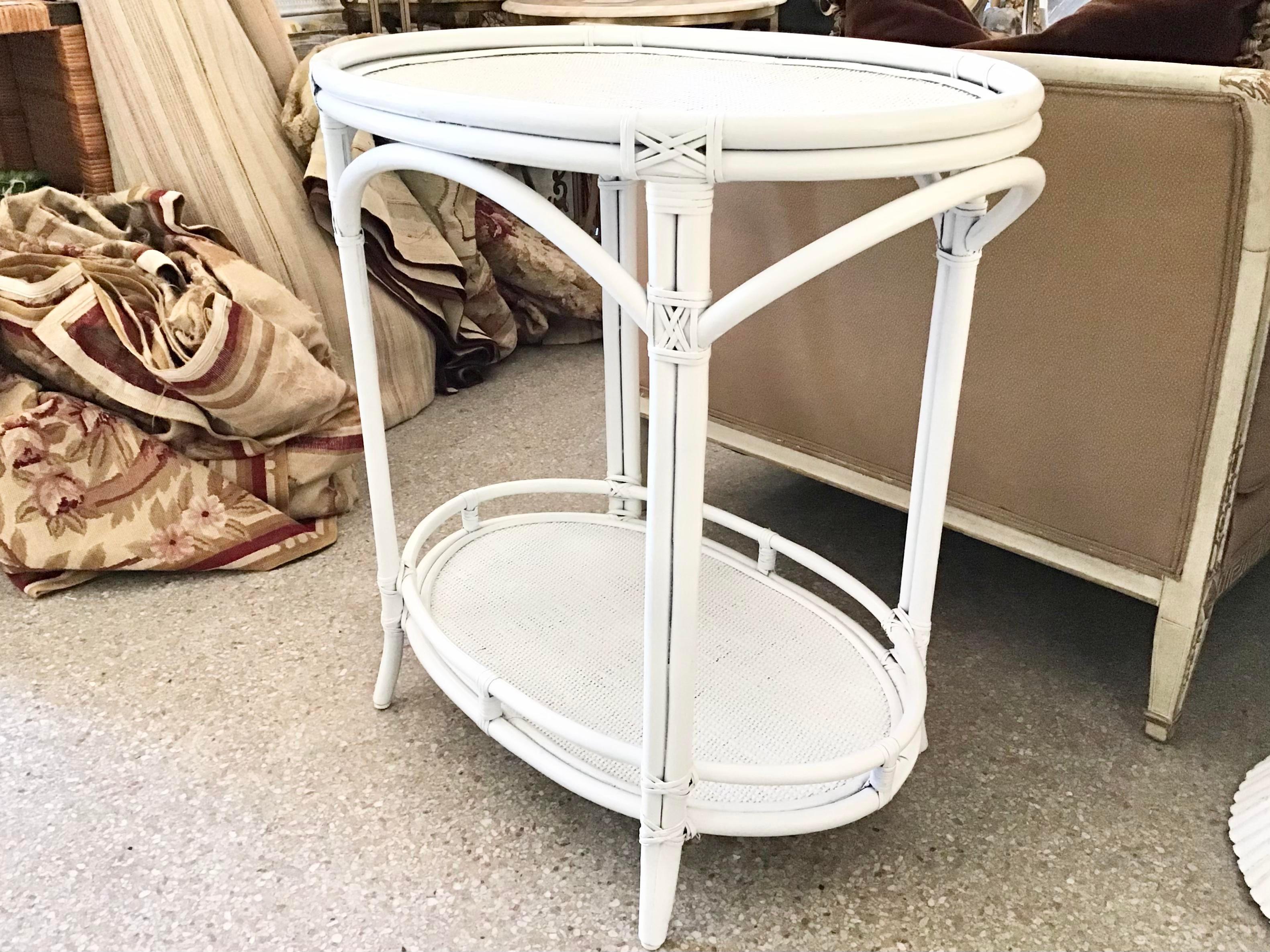 Modern Boho Chic Oval Rattan Bar Table White Lacquer For Sale