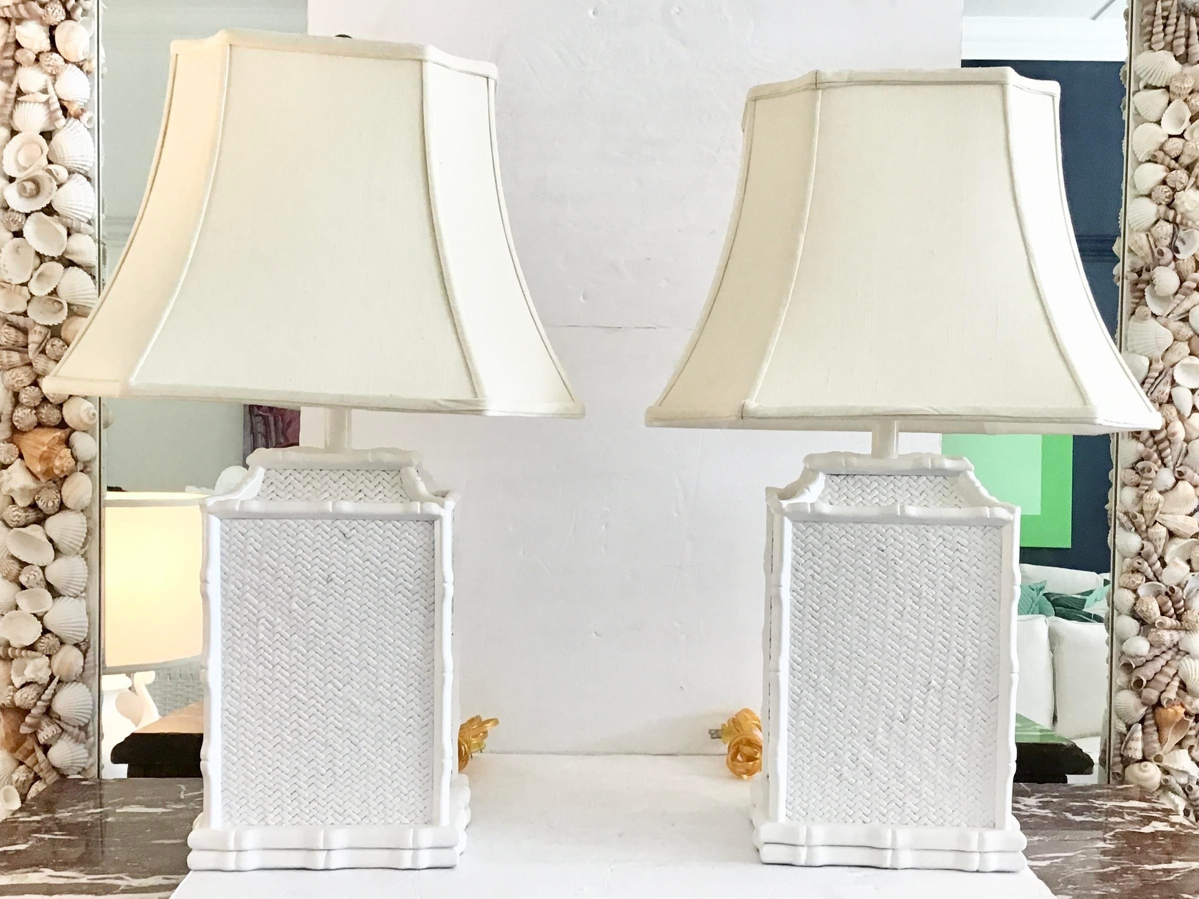 Beautiful pair of boho chic pagoda bamboo table lamps freshly lacquered in white. These lamps include shades. Great addition to your boho chic inspired home interiors.