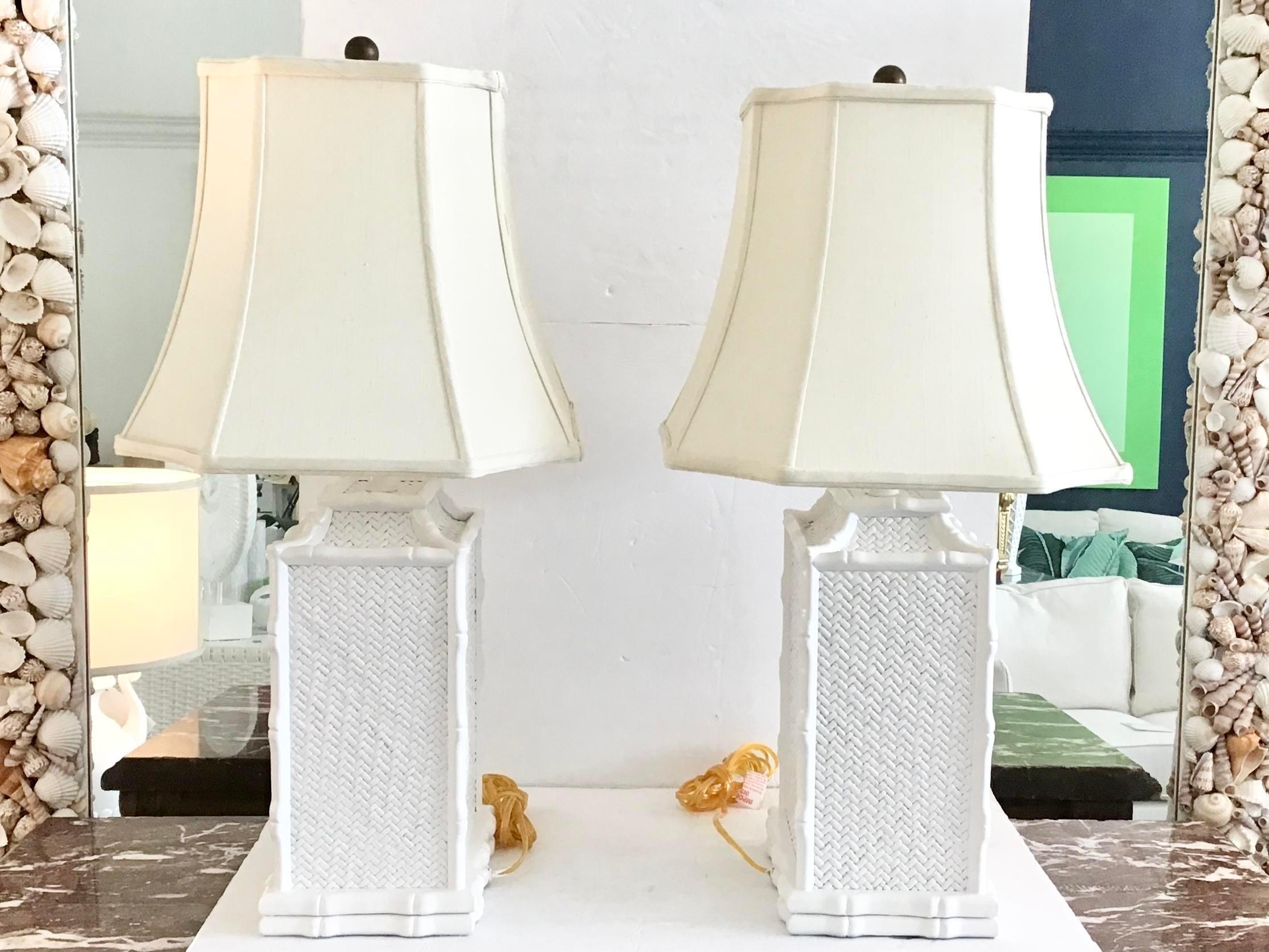 Modern Boho Chic Pagoda Rattan Bamboo Table Lamps, a Pair For Sale