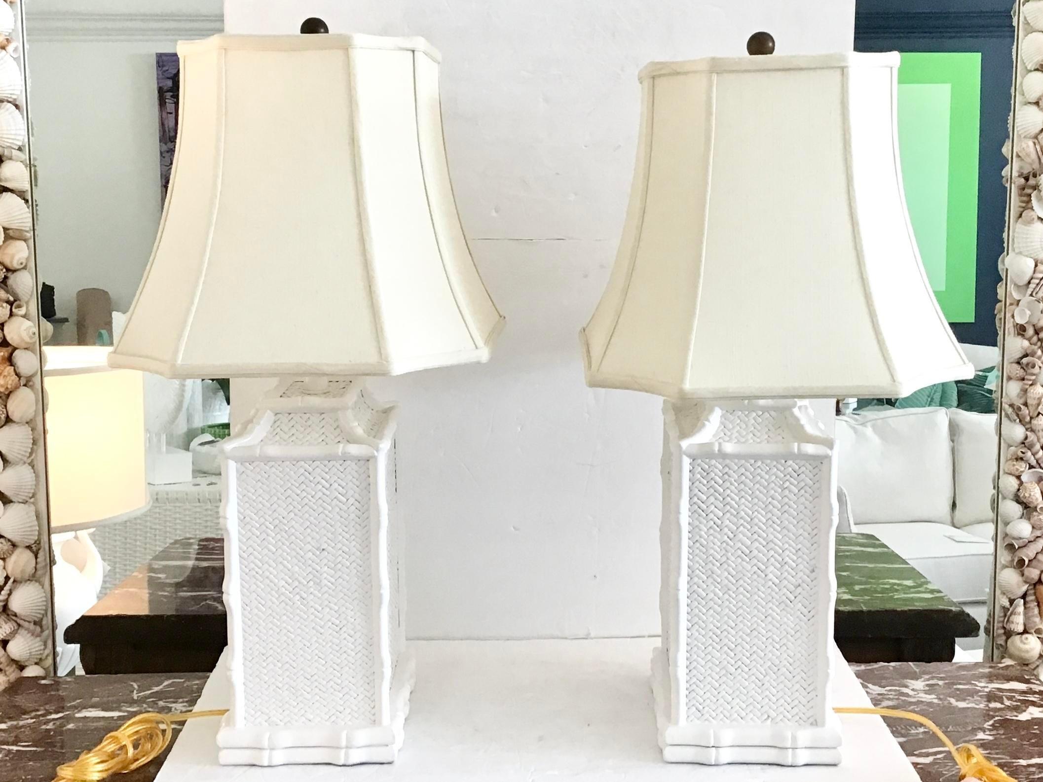 Late 20th Century Boho Chic Pagoda Rattan Bamboo Table Lamps, a Pair For Sale