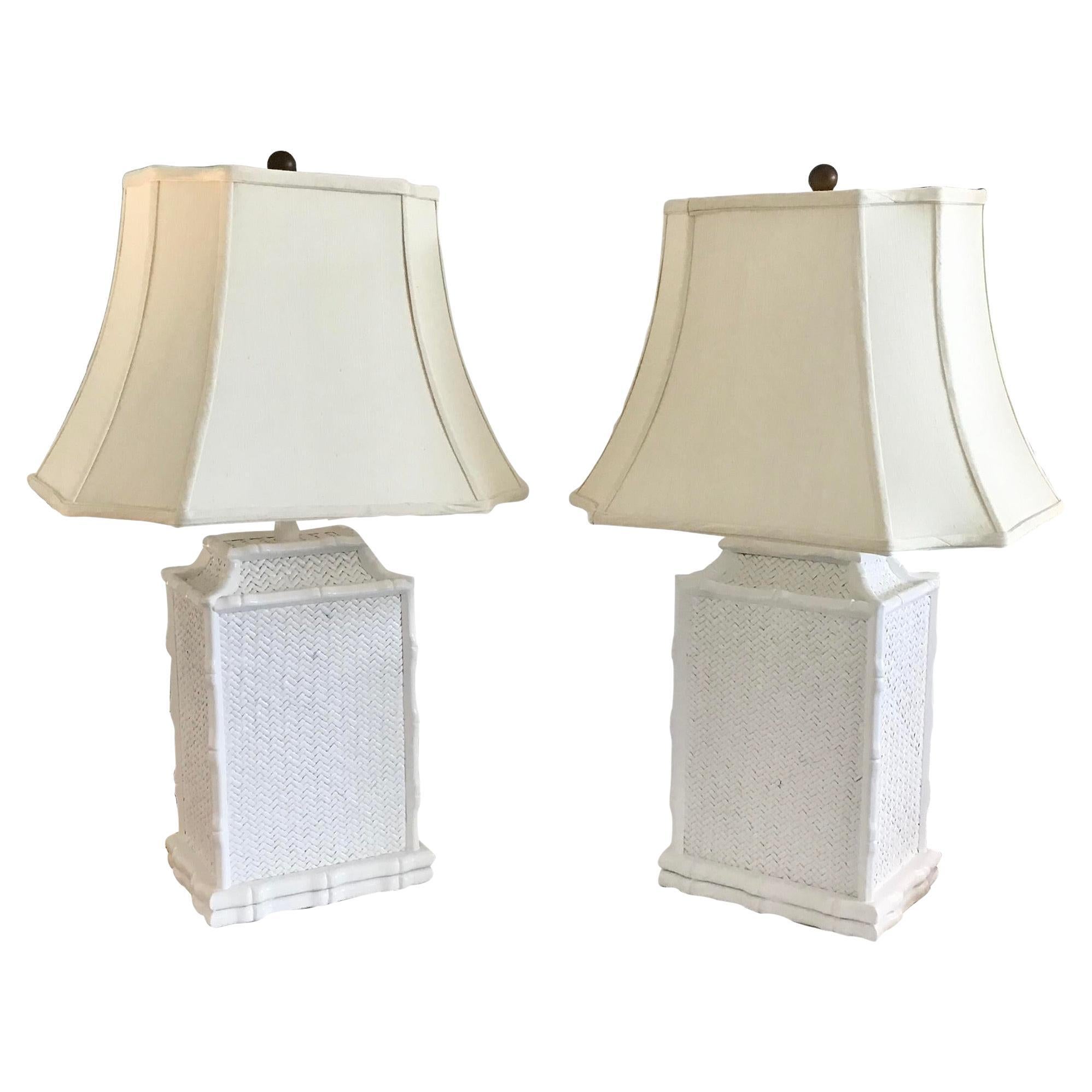 Boho Chic Pagoda Rattan Bamboo Table Lamps, a Pair For Sale