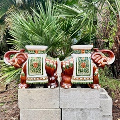 Boho Chic Painted and Glazed Ceramic Elephant Planters/Side Table - A Pair