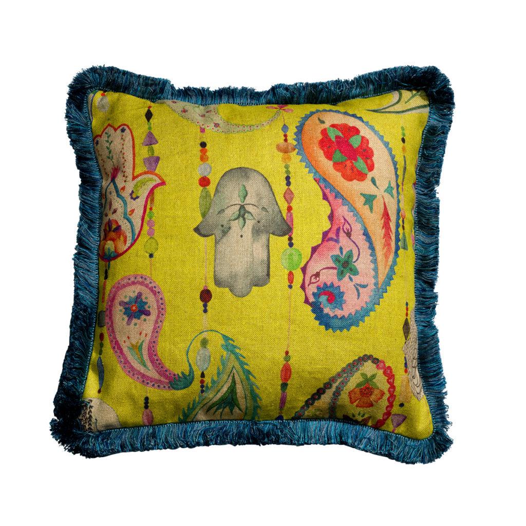 Dutch Boho Chic Paisly Print Multicoloured Blue Bohemian Natural Linen Cushion Pillow  For Sale