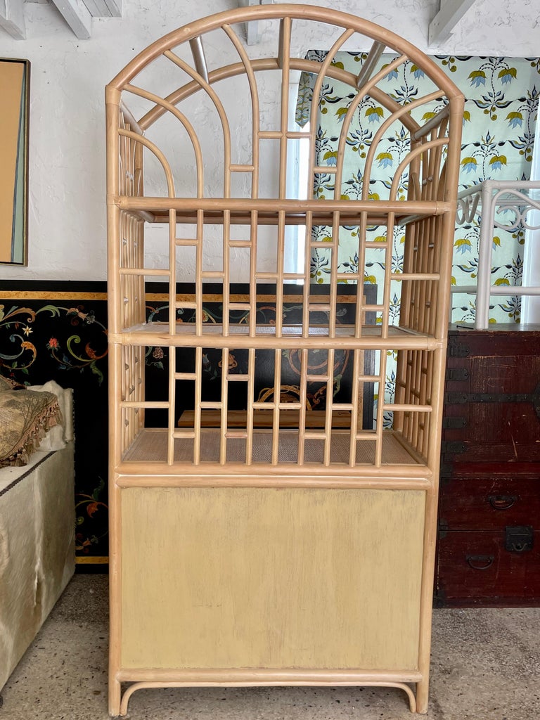 Boho Chic Pencil Reed Arch Top Etagere with Lower For Sale at