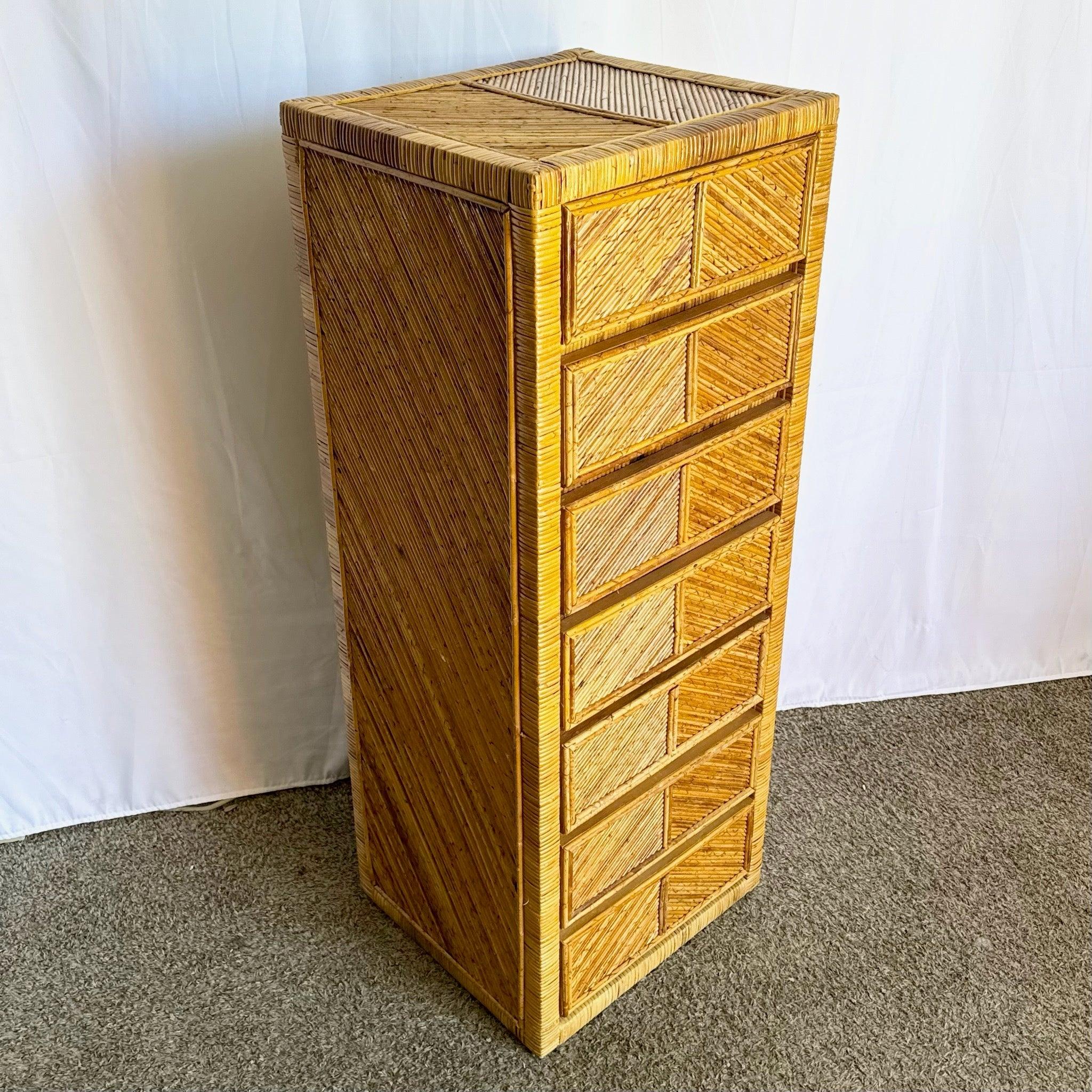 Boho Chic pencil reed highboy lingerie armoire inspired by Gabriella Crespi, featuring a meticulously crafted exterior and ample storage.
 
 We sell items as acquired, without restoring or repairing. Vintage pieces may have age-related wear. Review