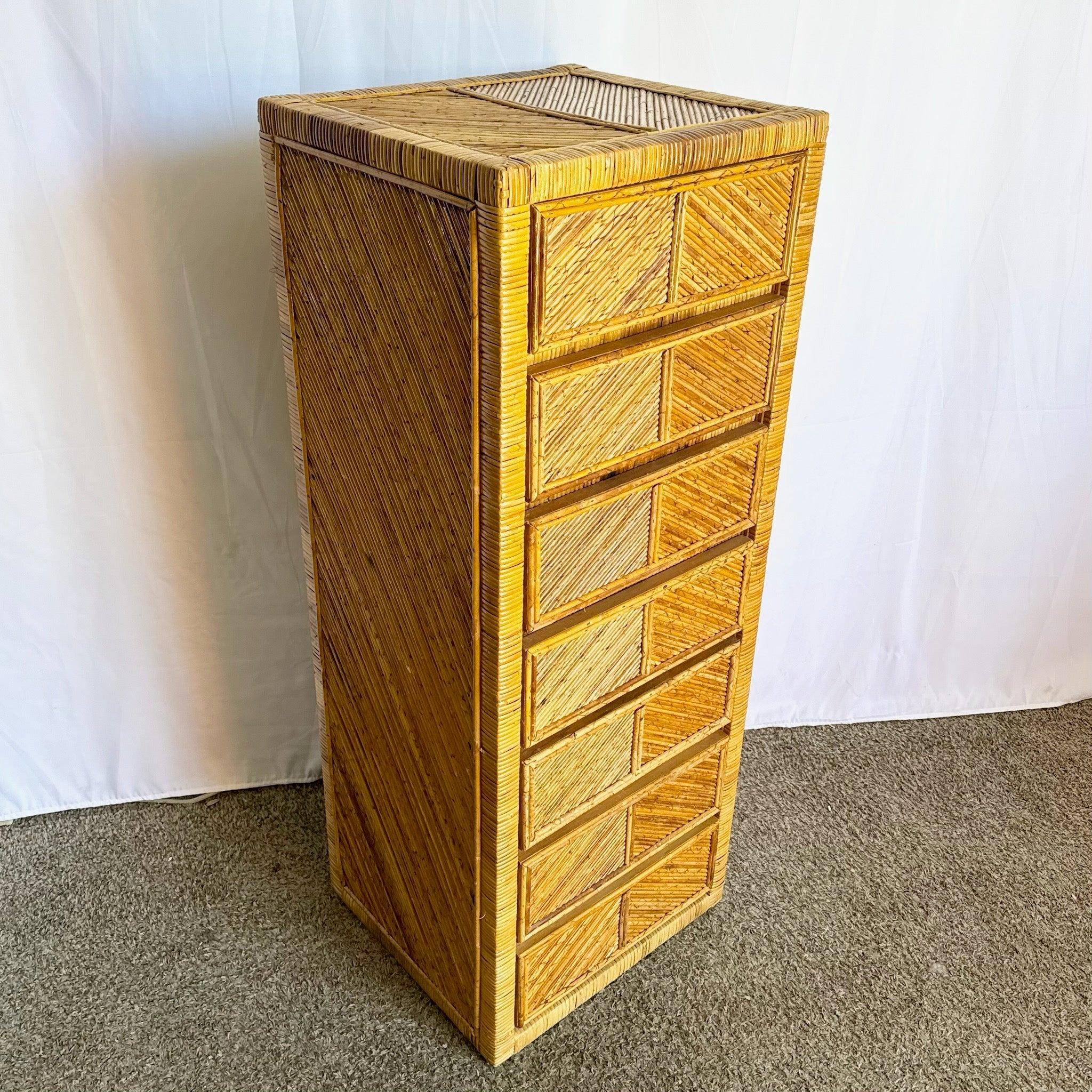 Boho Chic Pencil Reed Highboy/Lingerie Armoire Gabriella Crespi Style In Good Condition For Sale In Delray Beach, FL