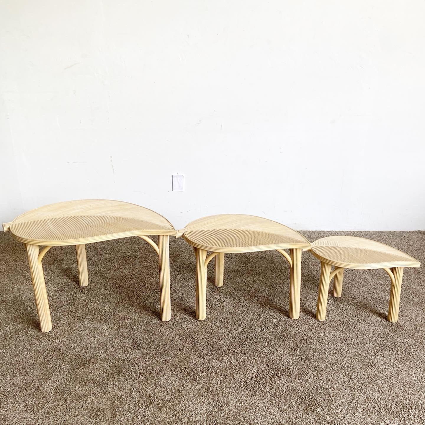 Philippine Boho Chic Pencil Reed Leaf Nesting Tables - Set of 3 For Sale