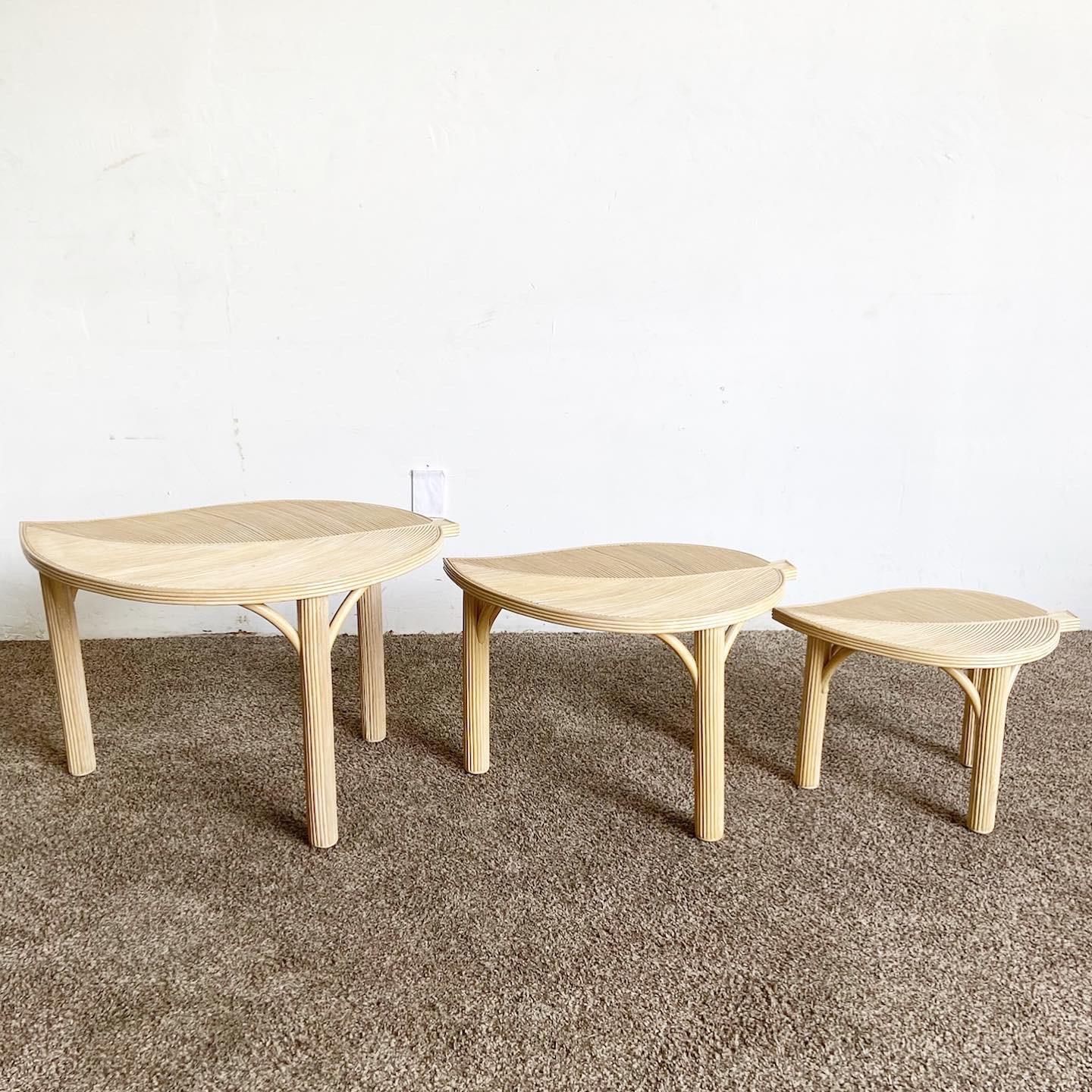 Philippine Boho Chic Pencil Reed Leaf Nesting Tables - Set of 3 For Sale