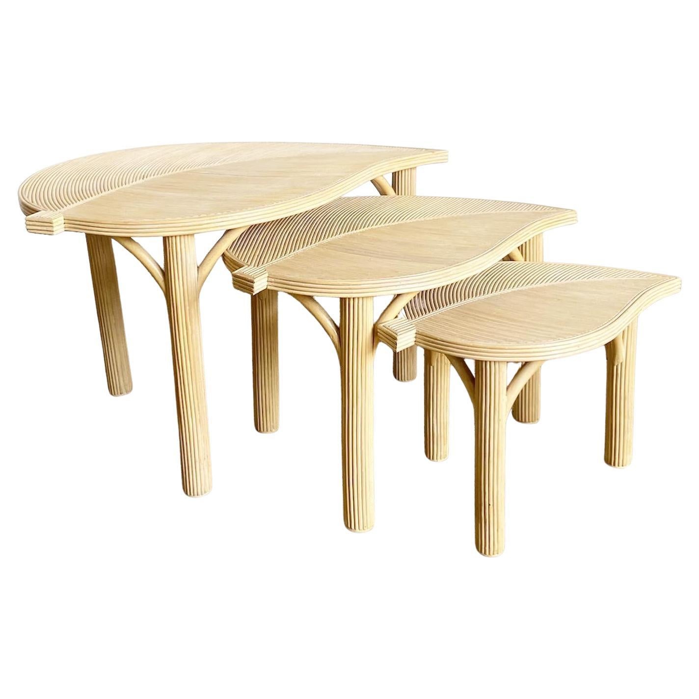 Boho Chic Pencil Reed Leaf Nesting Tables - Set of 3 For Sale