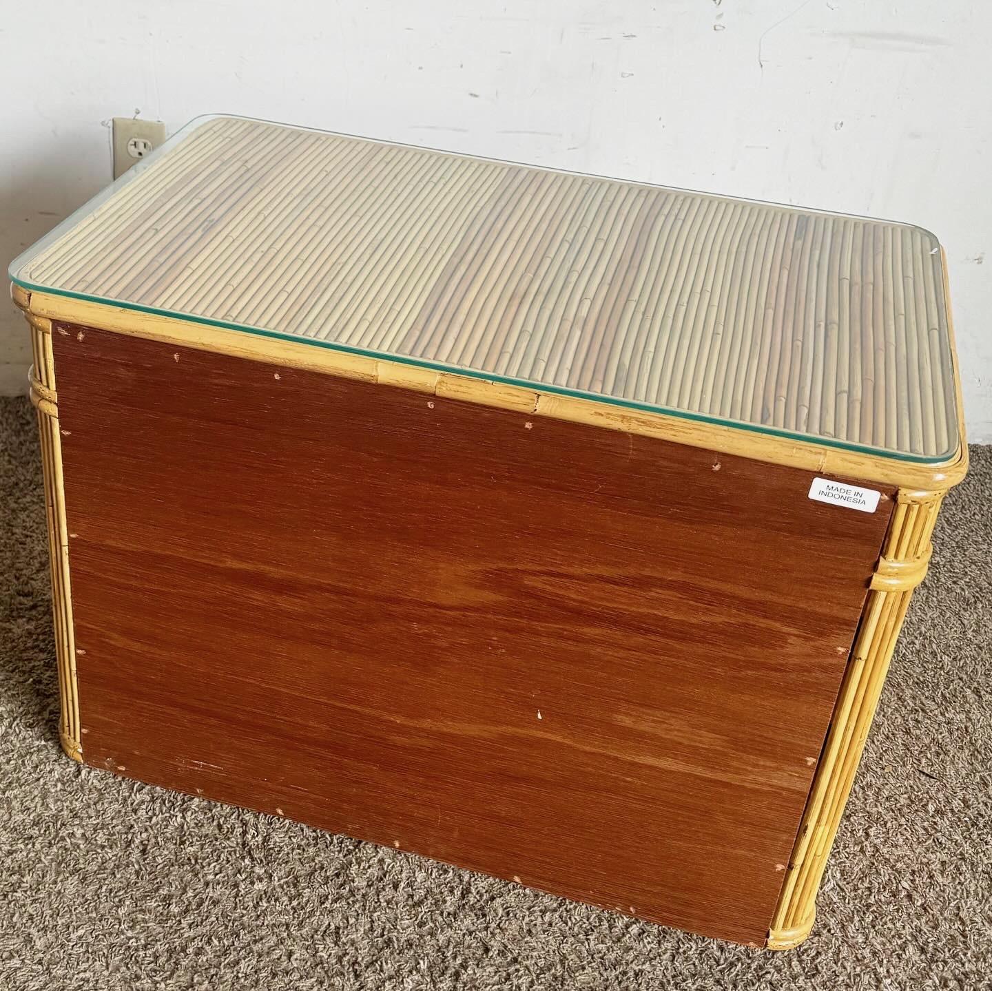 Indonesian Boho Chic Pencil Reed Nightstand/Commode With Glass Top For Sale